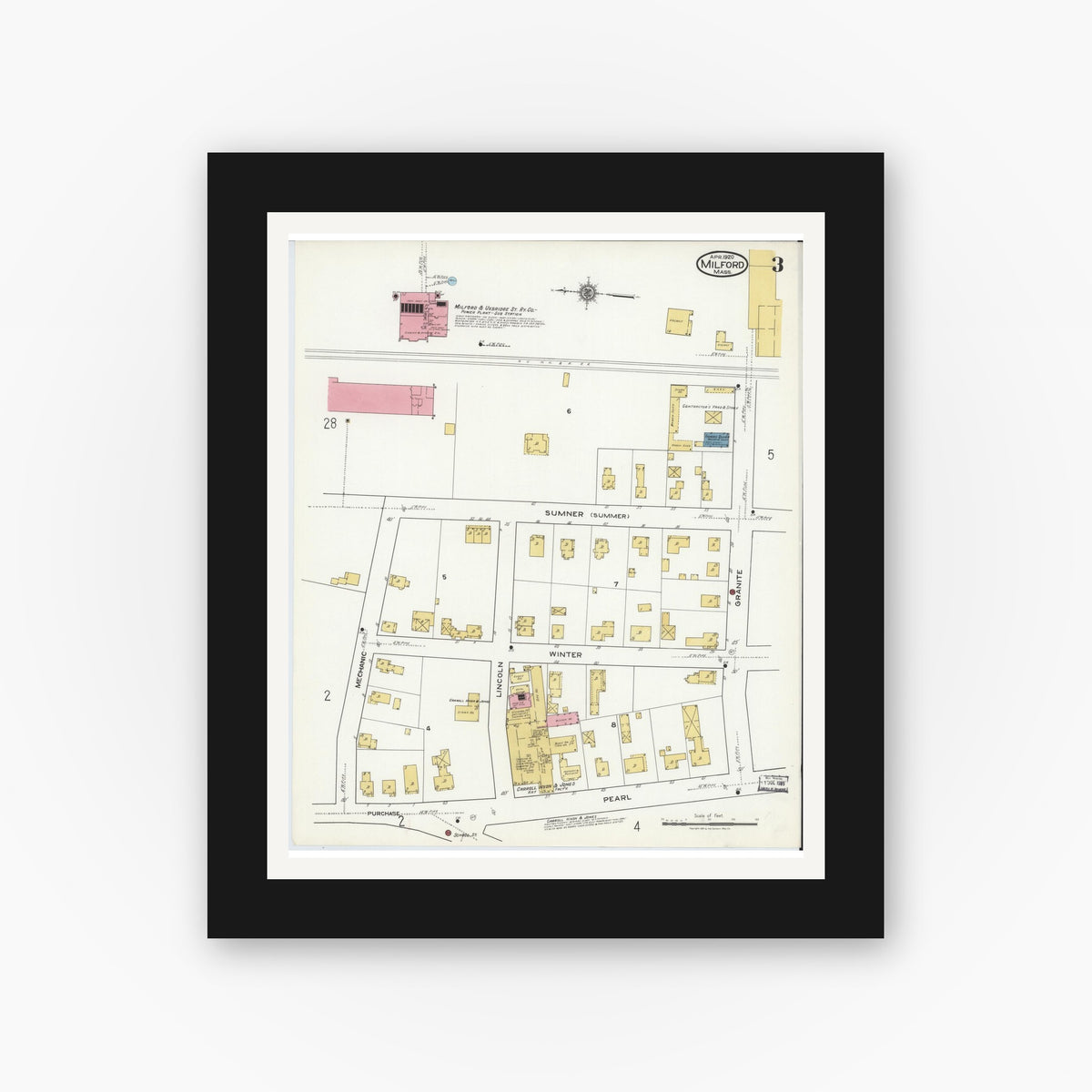 Old map wall art mockup — black gallery frame with white mat — Sanborn Fire Insurance Map from Milford, Worcester County, Massachusetts (1920), Sheet #0003