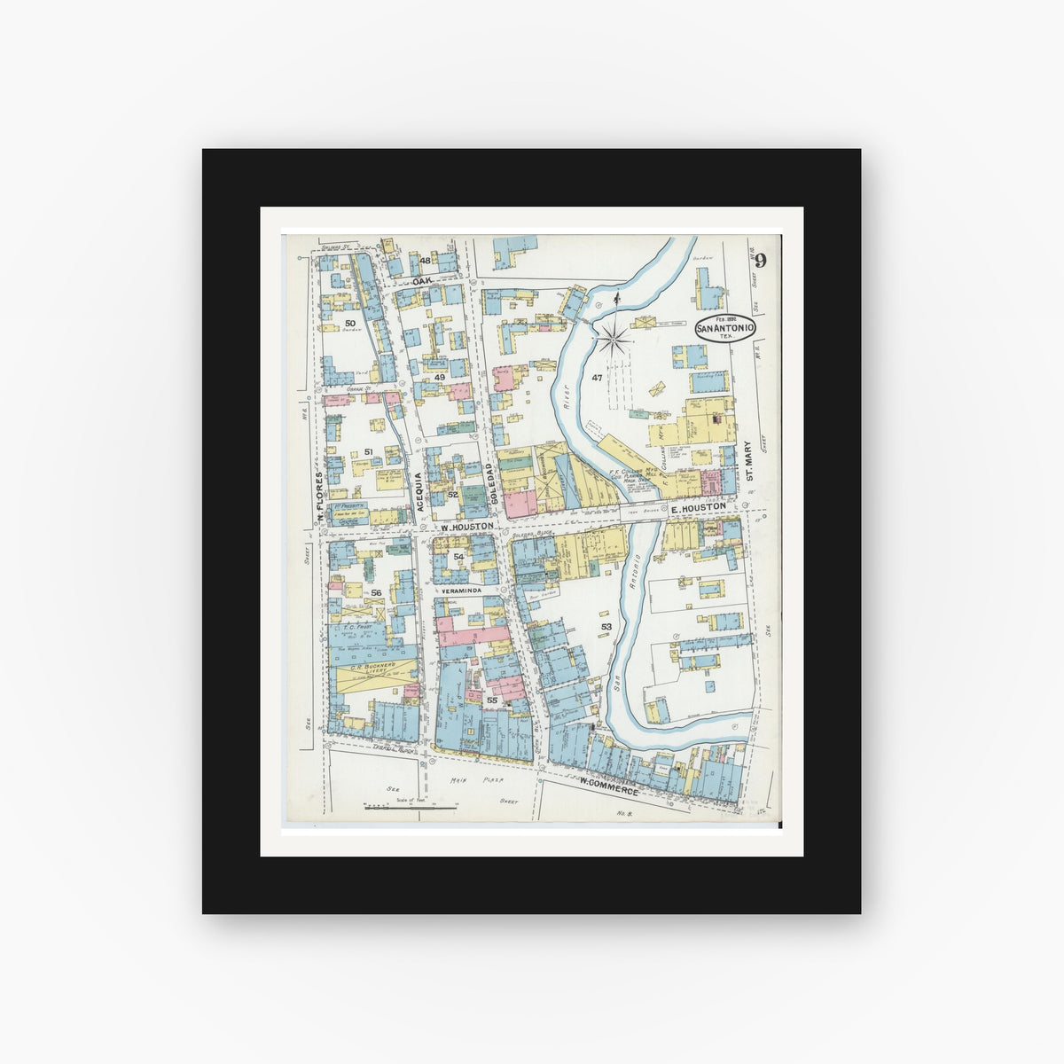 Old map wall art mockup — black gallery frame with white mat — Sanborn Fire Insurance Map from San Antonio, Bexar County, Texas (1892), Sheet #0009