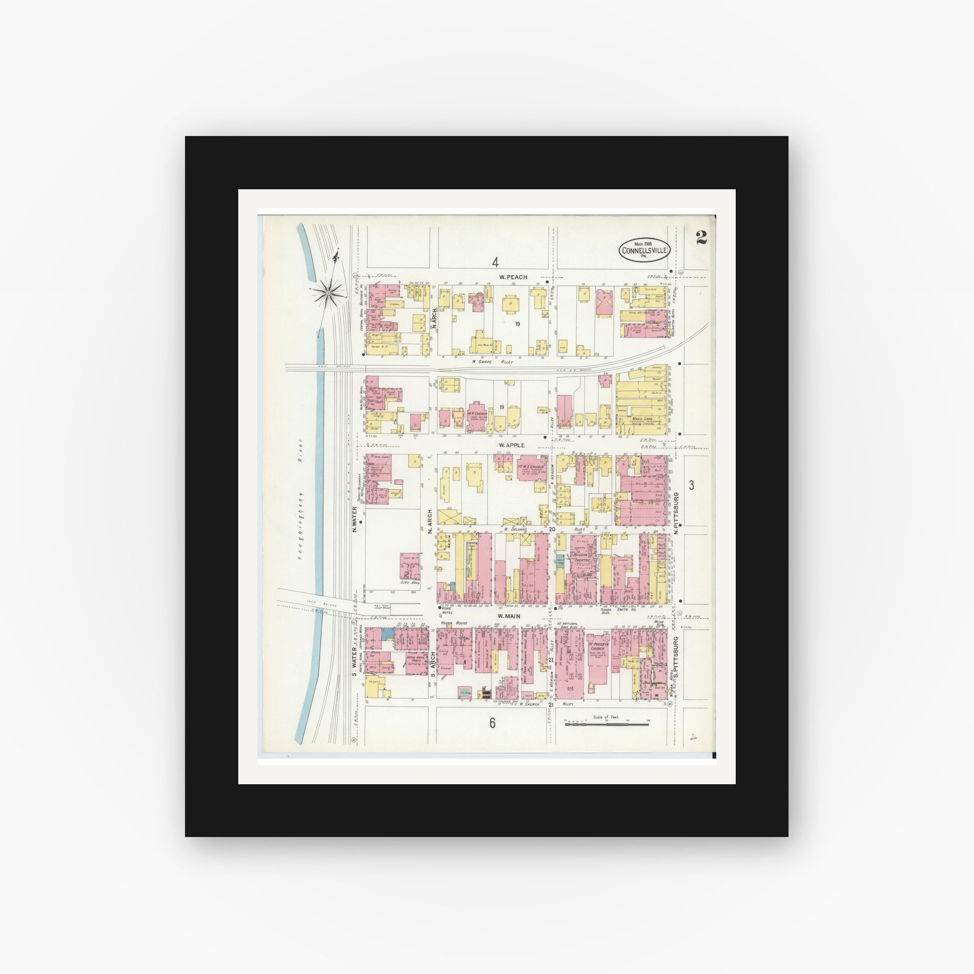 Old map wall art mockup — black gallery frame with white mat — Sanborn Fire Insurance Map from Connellsville, Fayette County, Pennsylvania (1908), Sheet #0002