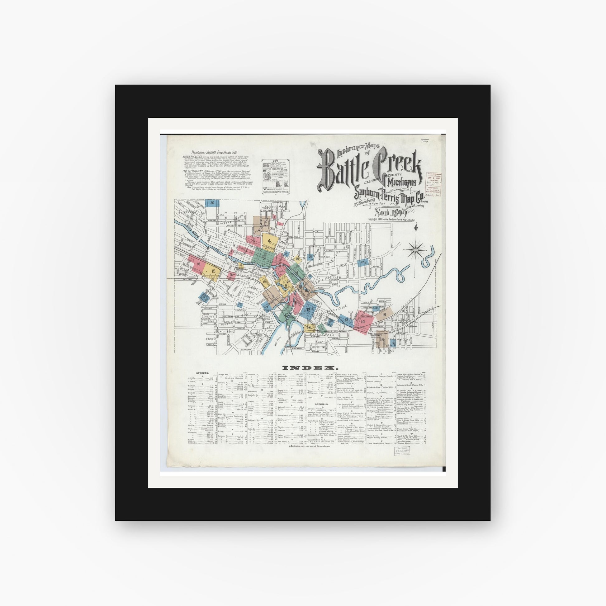 Old map wall art mockup — black gallery frame with white mat — Sanborn Fire Insurance Map from Battle Creek, Calhoun County, Michigan (1899), Sheet #0001