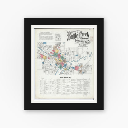 Old map wall art mockup — black gallery frame with white mat — Sanborn Fire Insurance Map from Battle Creek, Calhoun County, Michigan (1899), Sheet #0001