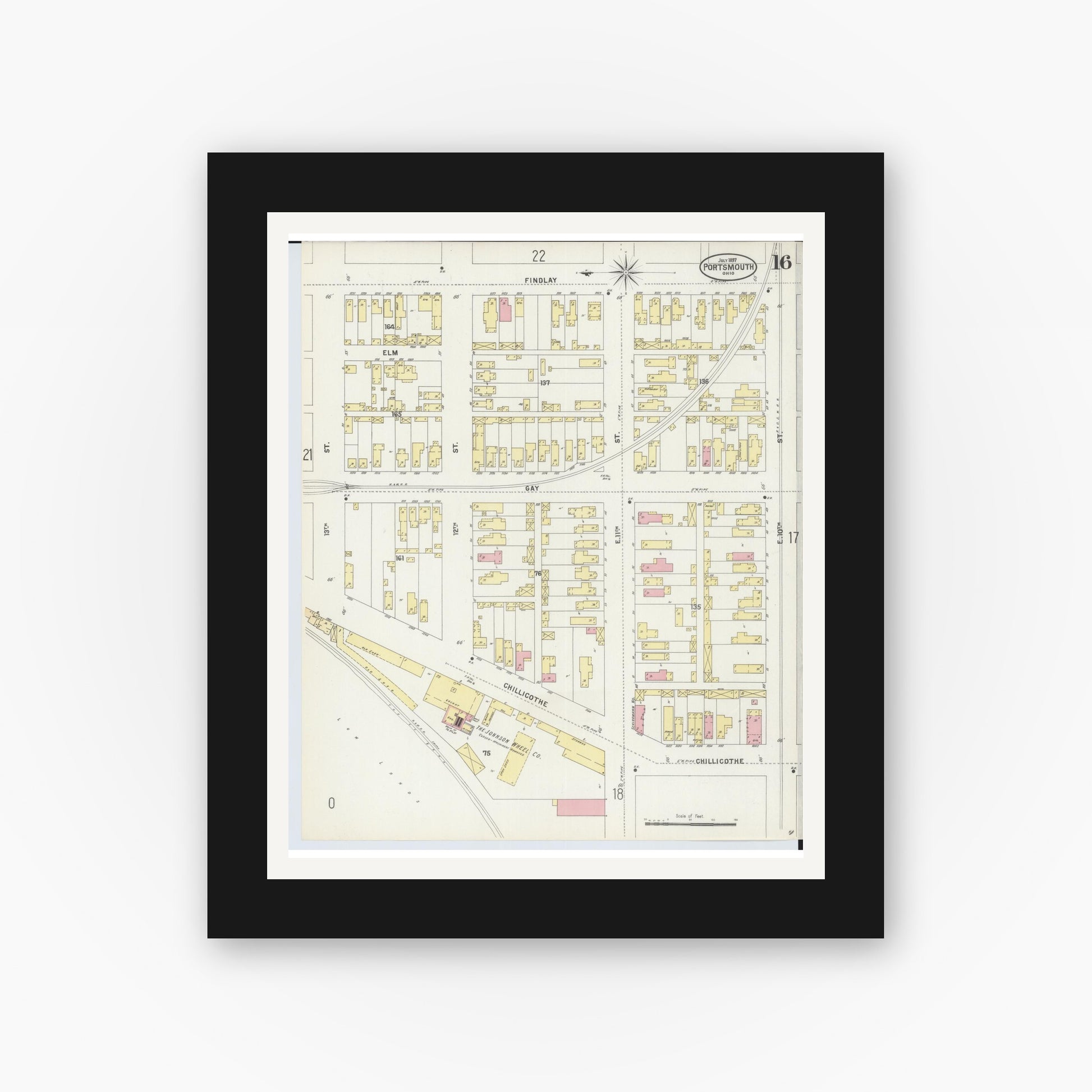 Old map wall art mockup — black gallery frame with white mat — Sanborn Fire Insurance Map from Portsmouth, Scioto County, Ohio (1897), Sheet #0016