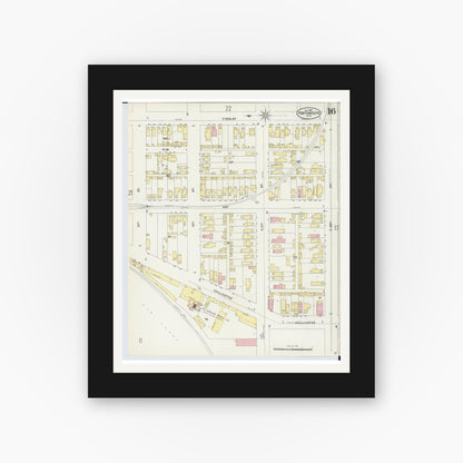 Old map wall art mockup — black gallery frame with white mat — Sanborn Fire Insurance Map from Portsmouth, Scioto County, Ohio (1897), Sheet #0016