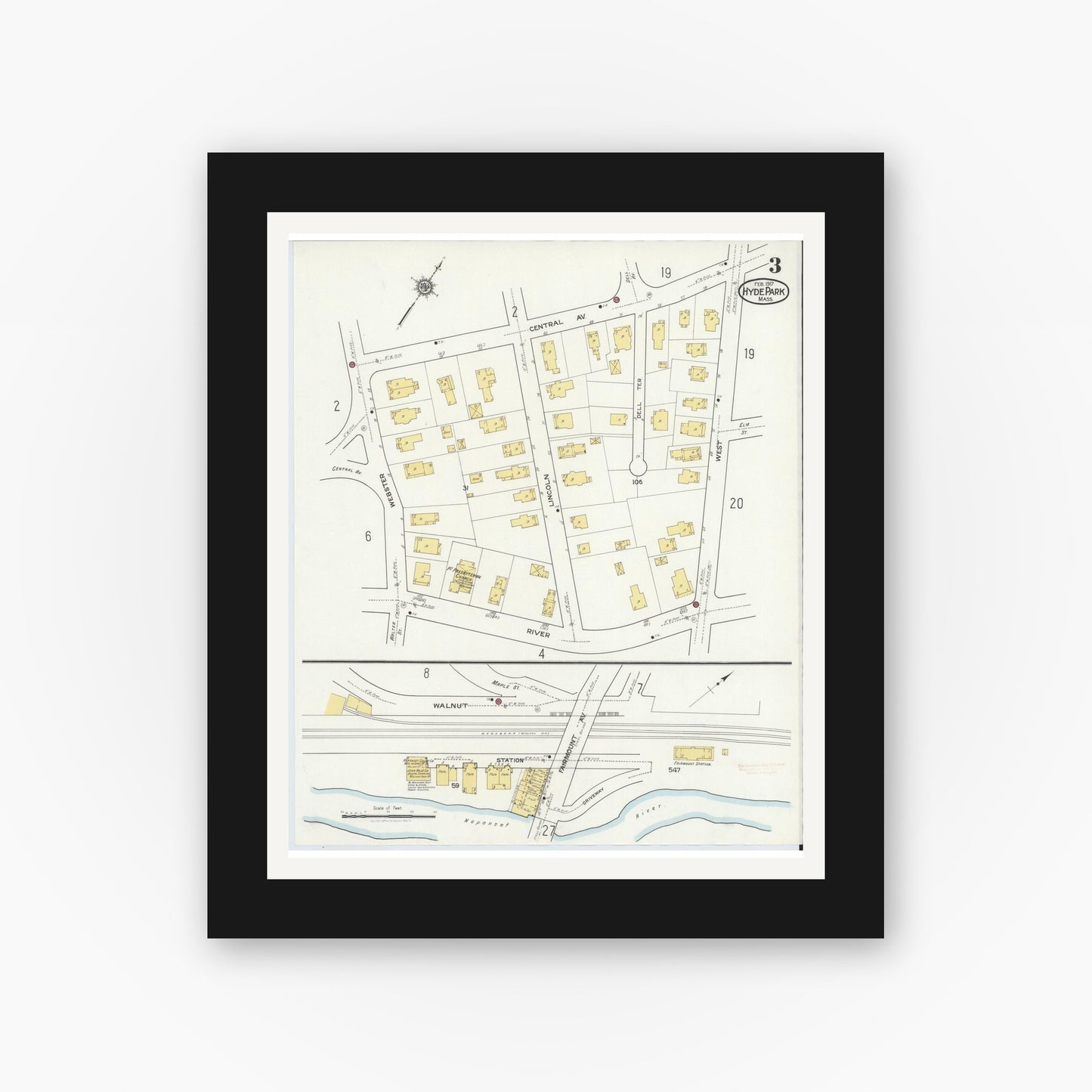 Old map wall art mockup — black gallery frame with white mat — Sanborn Fire Insurance Map from Hyde Park, Norfolk County, Massachusetts (1917), Sheet #0003