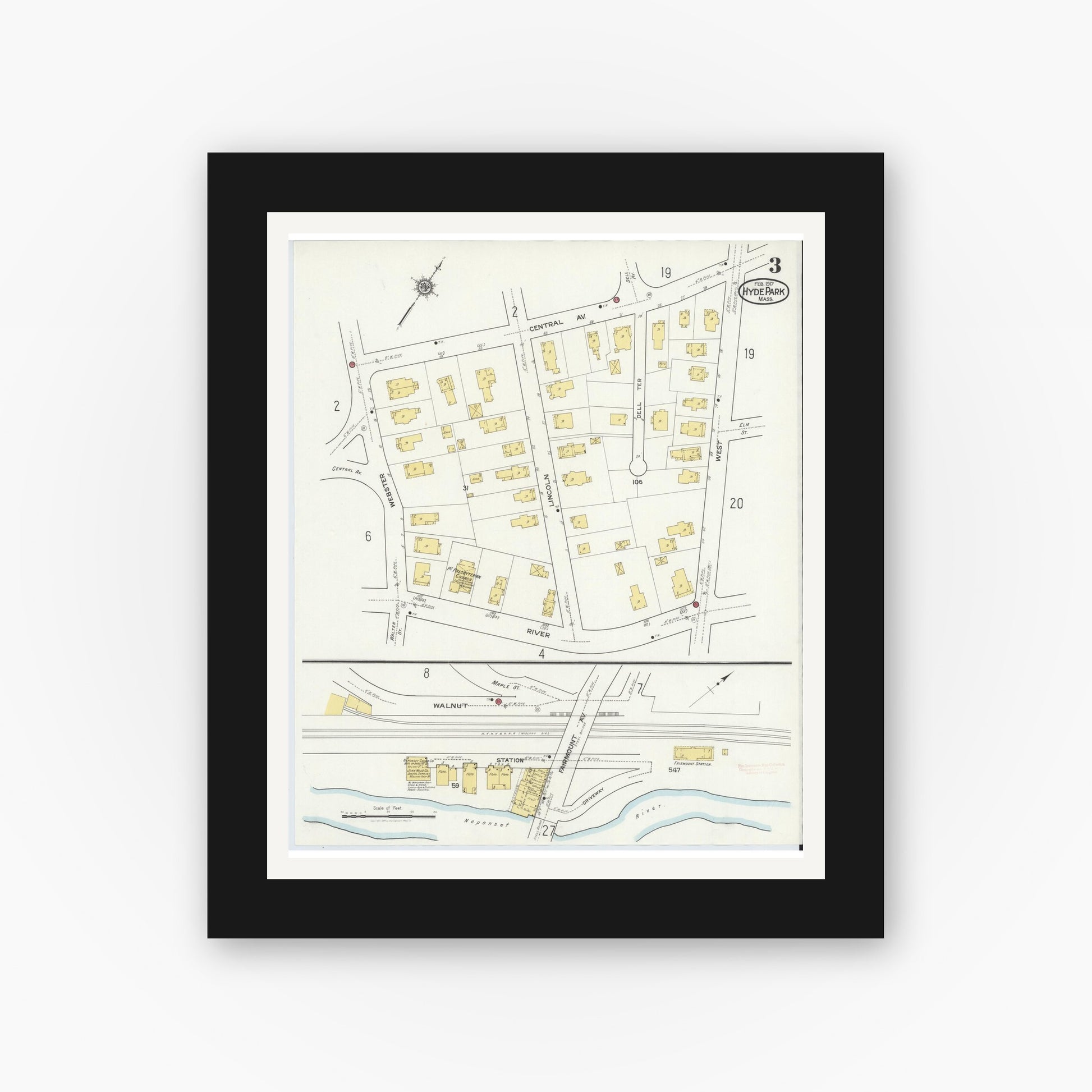 Old map wall art mockup — black gallery frame with white mat — Sanborn Fire Insurance Map from Hyde Park, Norfolk County, Massachusetts (1917), Sheet #0003