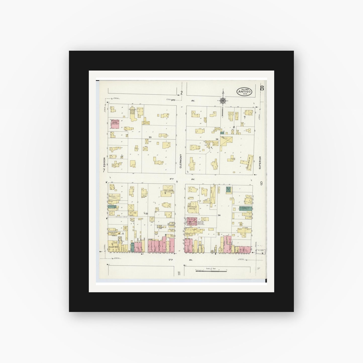 Old map wall art mockup — black gallery frame with white mat — Sanborn Fire Insurance Map from Antigo, Langlade County, Wisconsin (1909), Sheet #0008