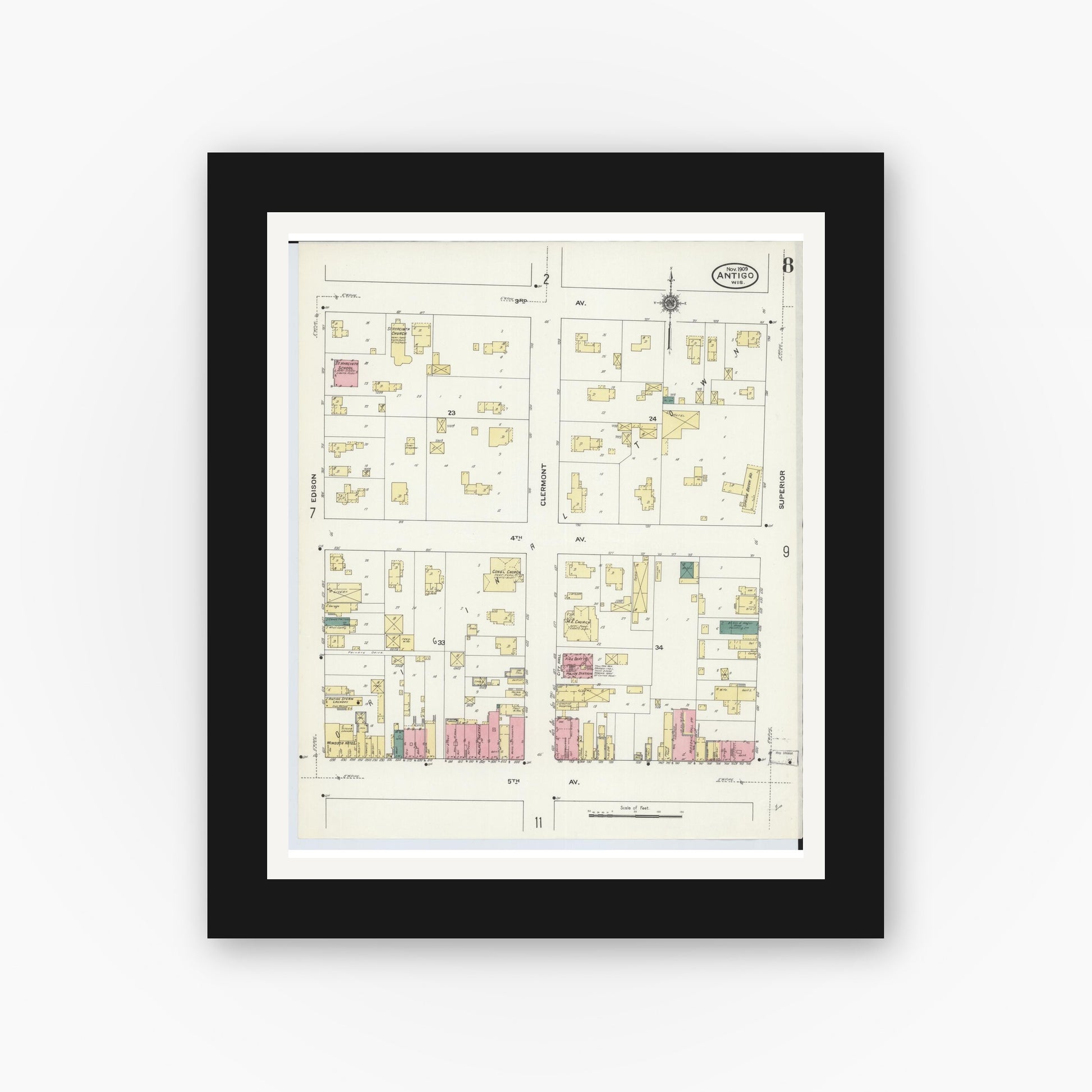 Old map wall art mockup — black gallery frame with white mat — Sanborn Fire Insurance Map from Antigo, Langlade County, Wisconsin (1909), Sheet #0008