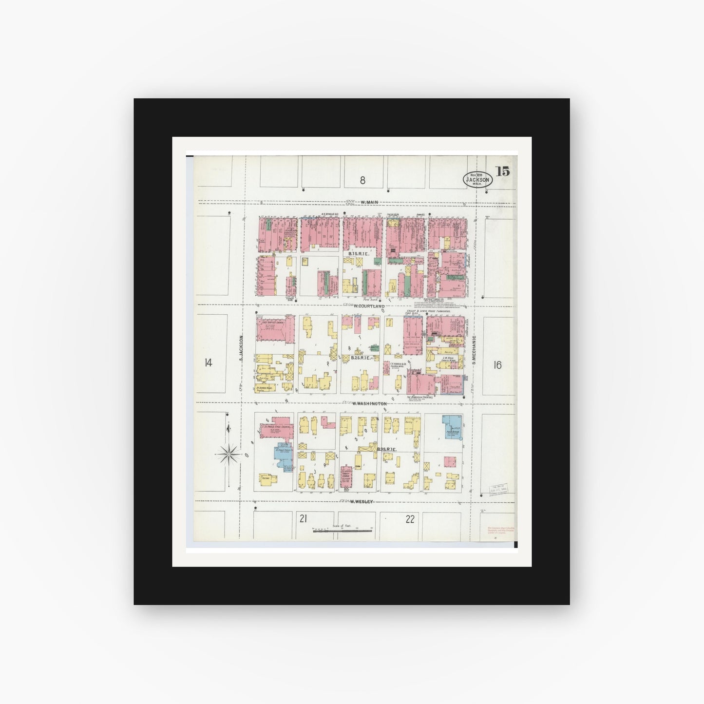 Old map wall art mockup — black gallery frame with white mat — Sanborn Fire Insurance Map from Jackson, Jackson County, Michigan (1899), Sheet #0015