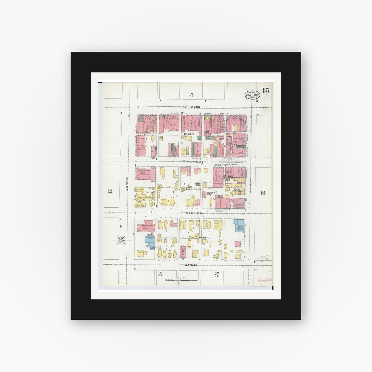 Old map wall art mockup — black gallery frame with white mat — Sanborn Fire Insurance Map from Jackson, Jackson County, Michigan (1899), Sheet #0015