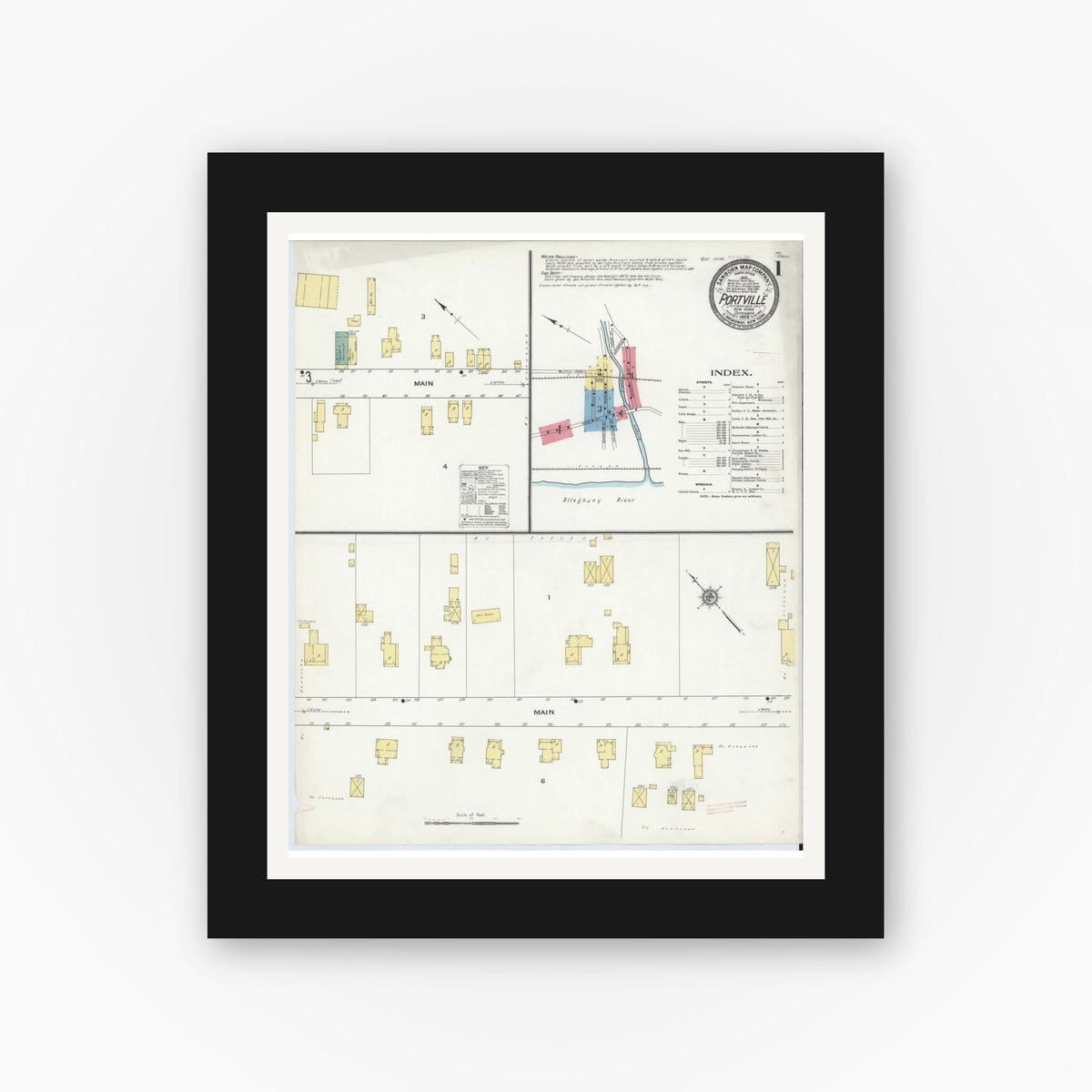 Old map wall art mockup — black gallery frame with white mat — Sanborn Fire Insurance Map from Portville, Cattaraugus County, New York (1909), Sheet #0001