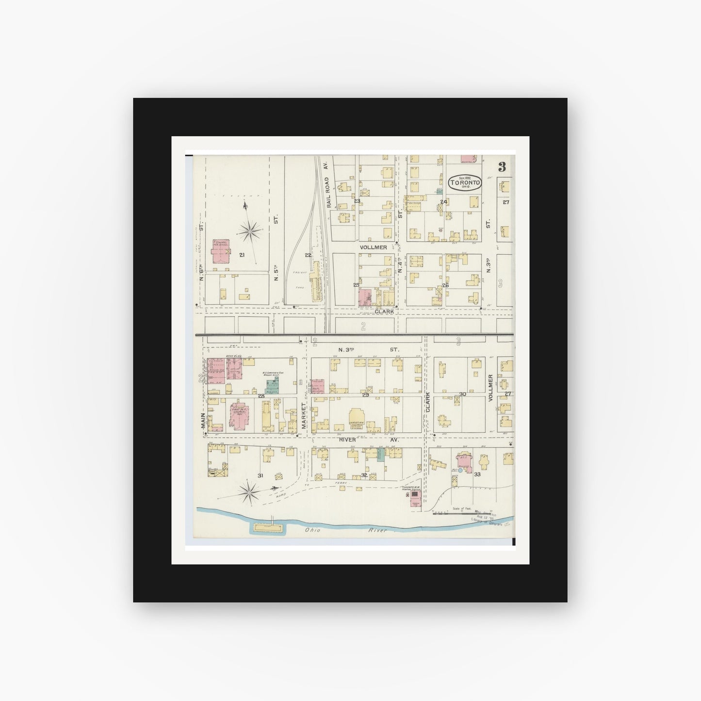 Old map wall art mockup — black gallery frame with white mat — Sanborn Fire Insurance Map from Toronto, Jefferson County, Ohio (1892), Sheet #0003
