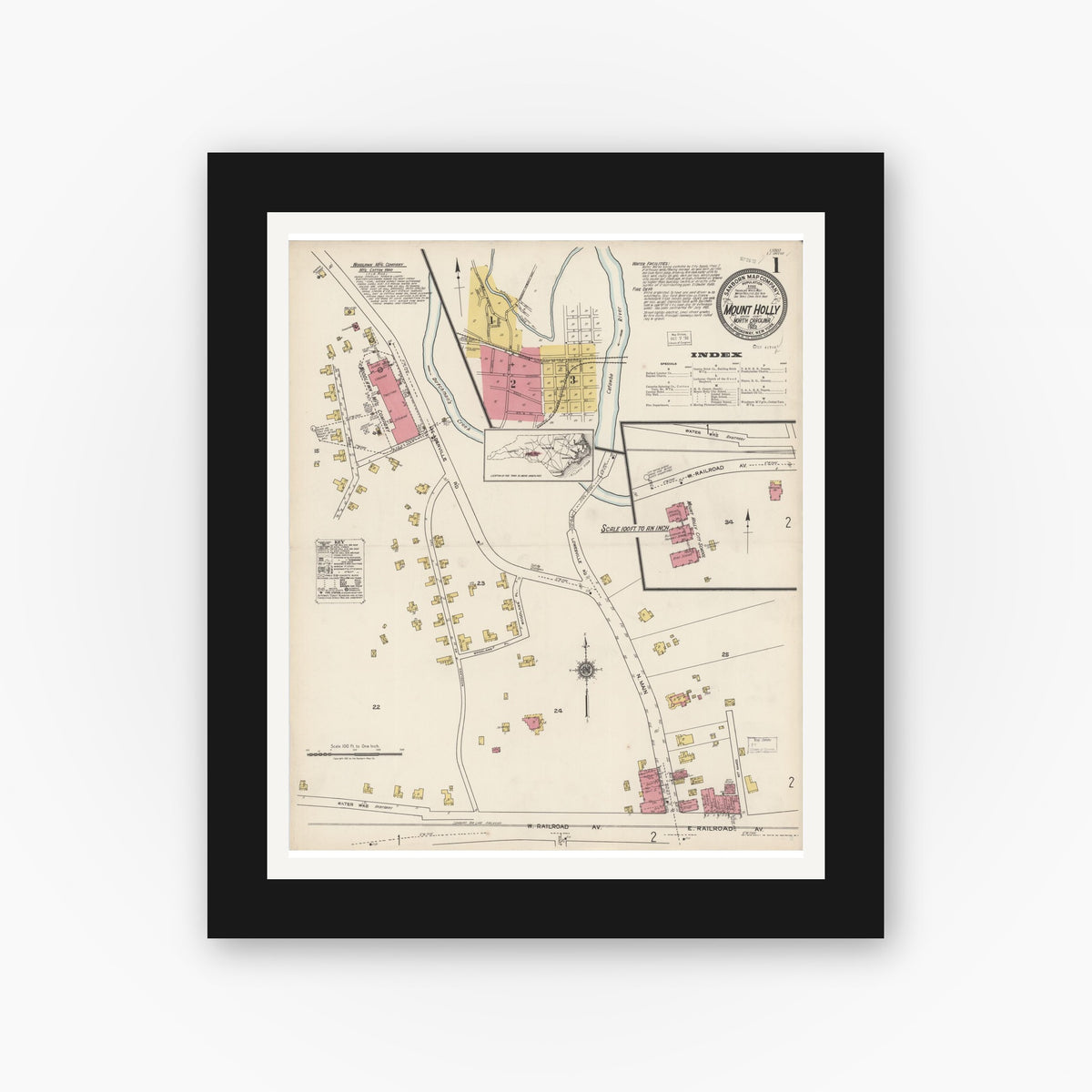 Old map wall art mockup — black gallery frame with white mat — Sanborn Fire Insurance Map from Mount Holly, Gaston County, North Carolina (1922) - Complete Map Set