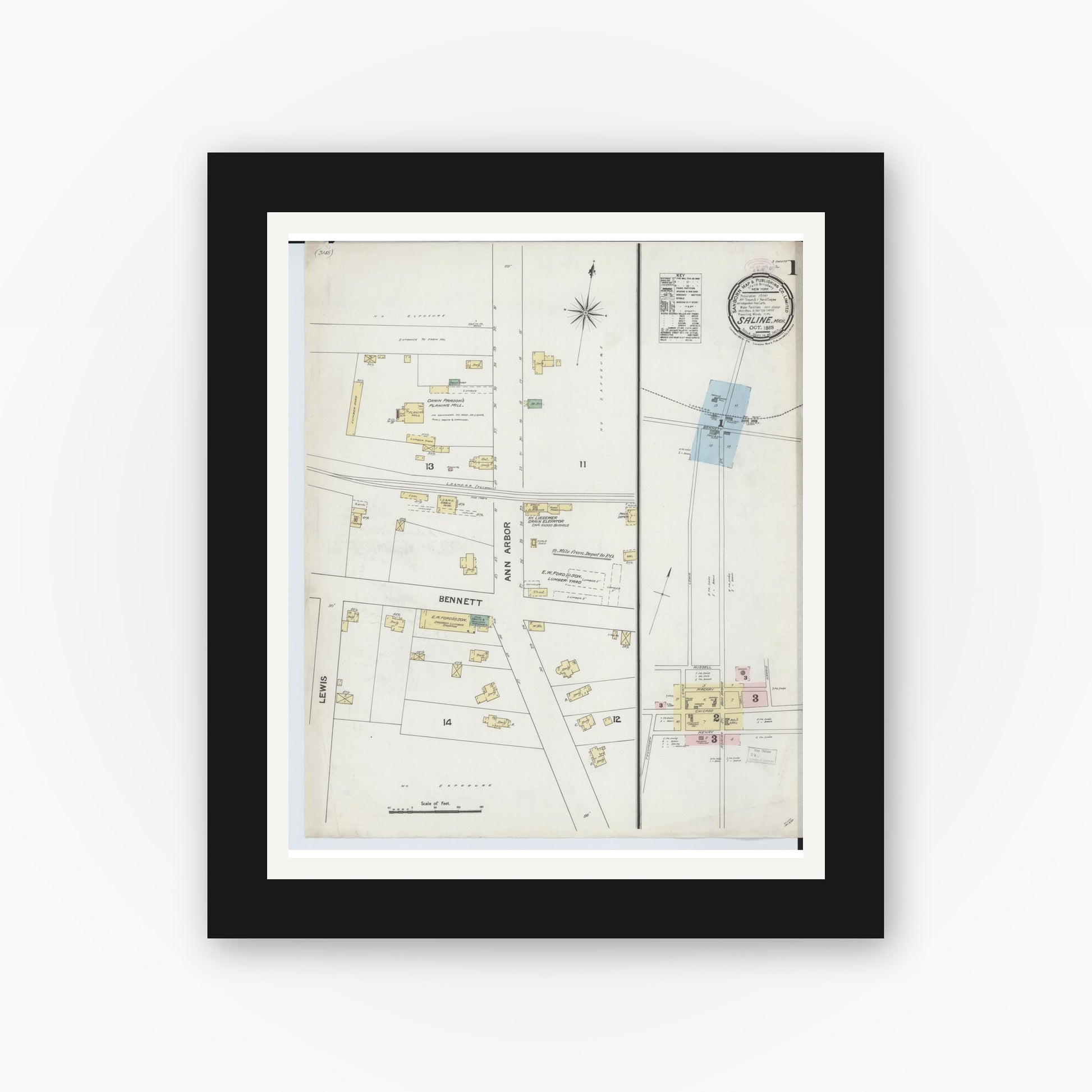 Old map wall art mockup — black gallery frame with white mat — Sanborn Fire Insurance Map from Saline, Washtenaw County, Michigan (1888) - Complete Map Set