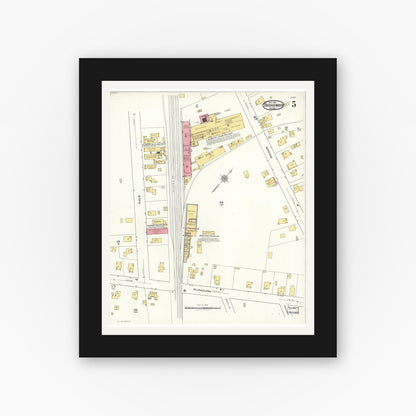 Old map wall art mockup — black gallery frame with white mat — Sanborn Fire Insurance Map from Bridgewater, Plymouth County, Massachusetts (1921), Sheet #0005