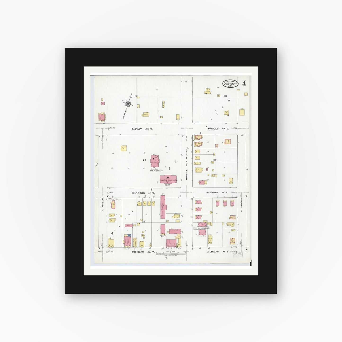 Old map wall art mockup — black gallery frame with white mat — Sanborn Fire Insurance Map from Dearborn, Wayne County, Michigan (1919), Sheet #0004