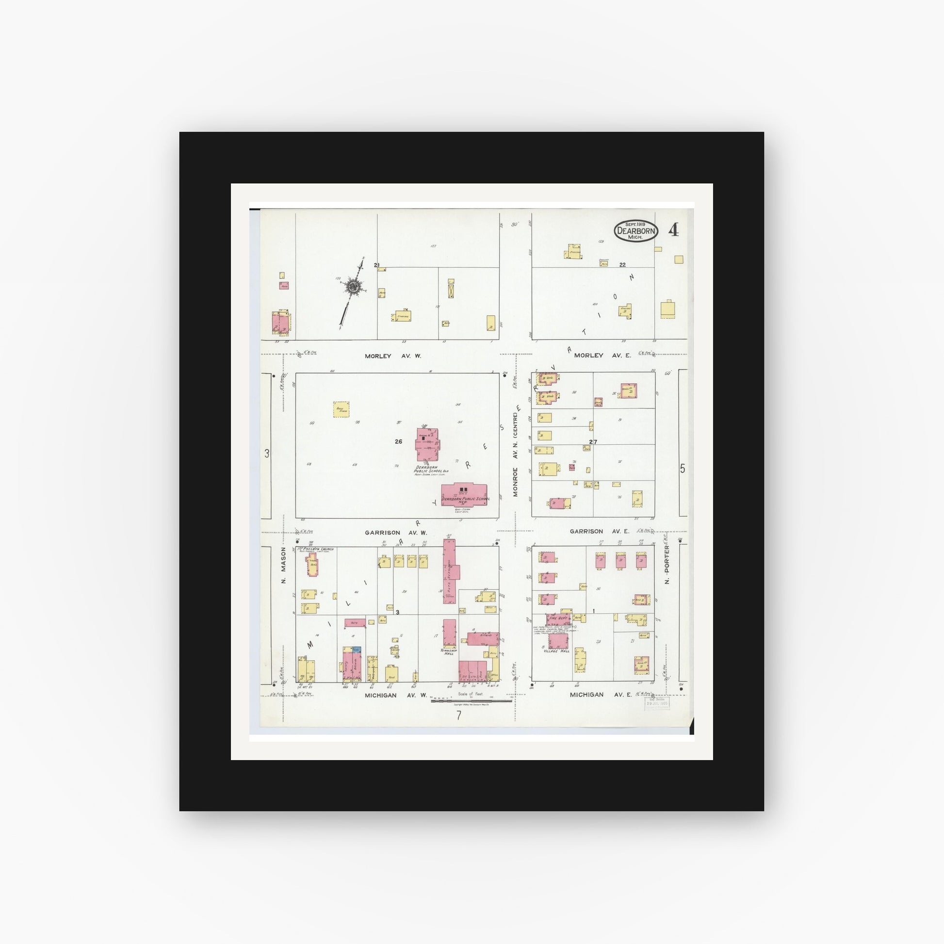 Old map wall art mockup — black gallery frame with white mat — Sanborn Fire Insurance Map from Dearborn, Wayne County, Michigan (1919), Sheet #0004