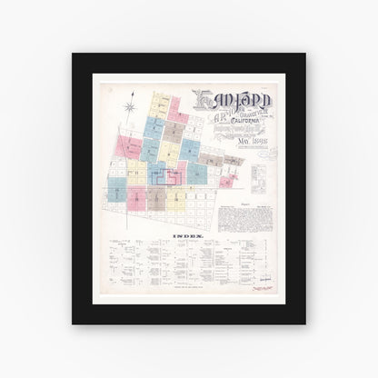 Old map wall art mockup — black gallery frame with white mat — Sanborn Fire Insurance Map from Hanford, Kings County, California (1898) - Complete Map Set