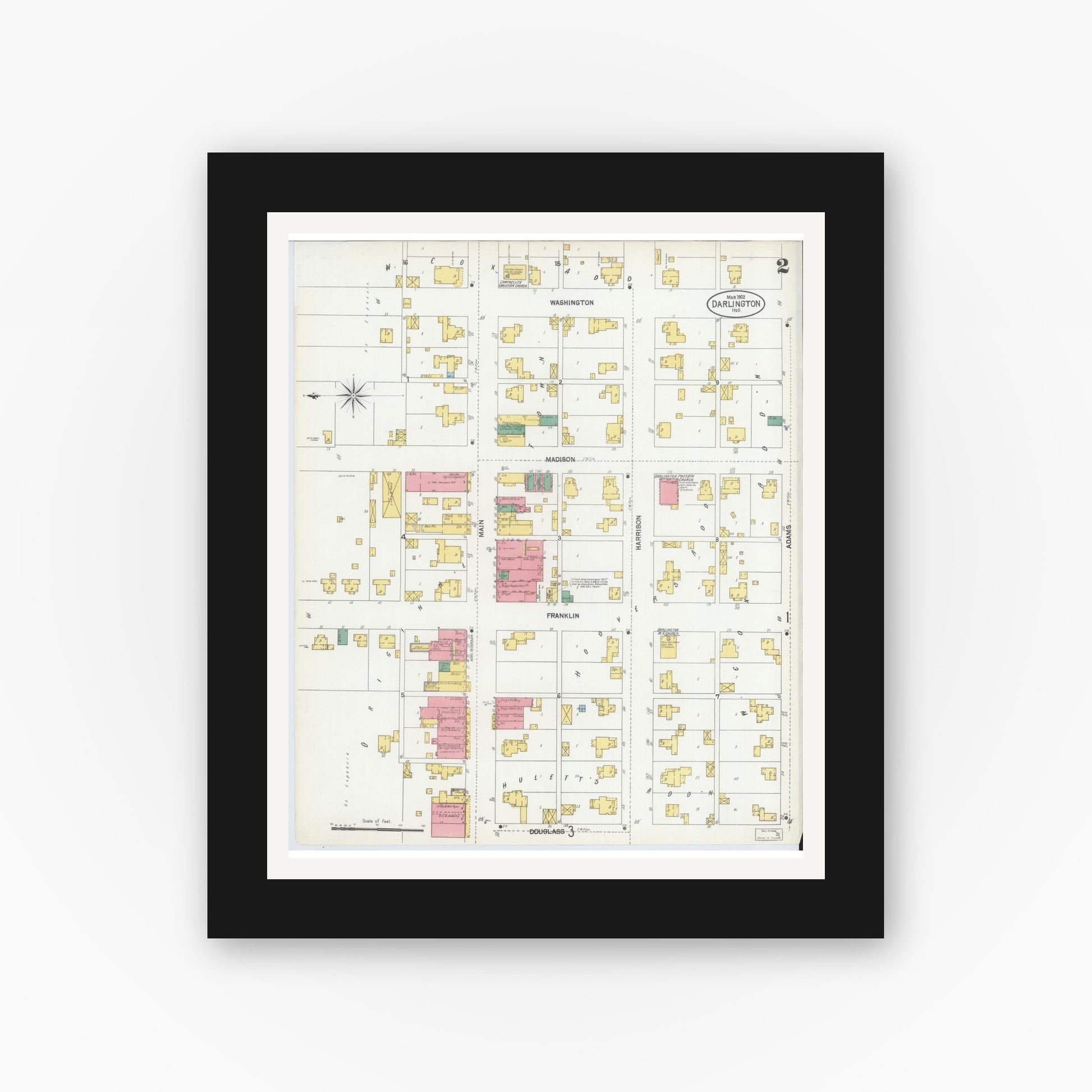 Old map wall art mockup — black gallery frame with white mat — Sanborn Fire Insurance Map from Darlington, Montgomery County, Indiana (1902), Sheet #0002