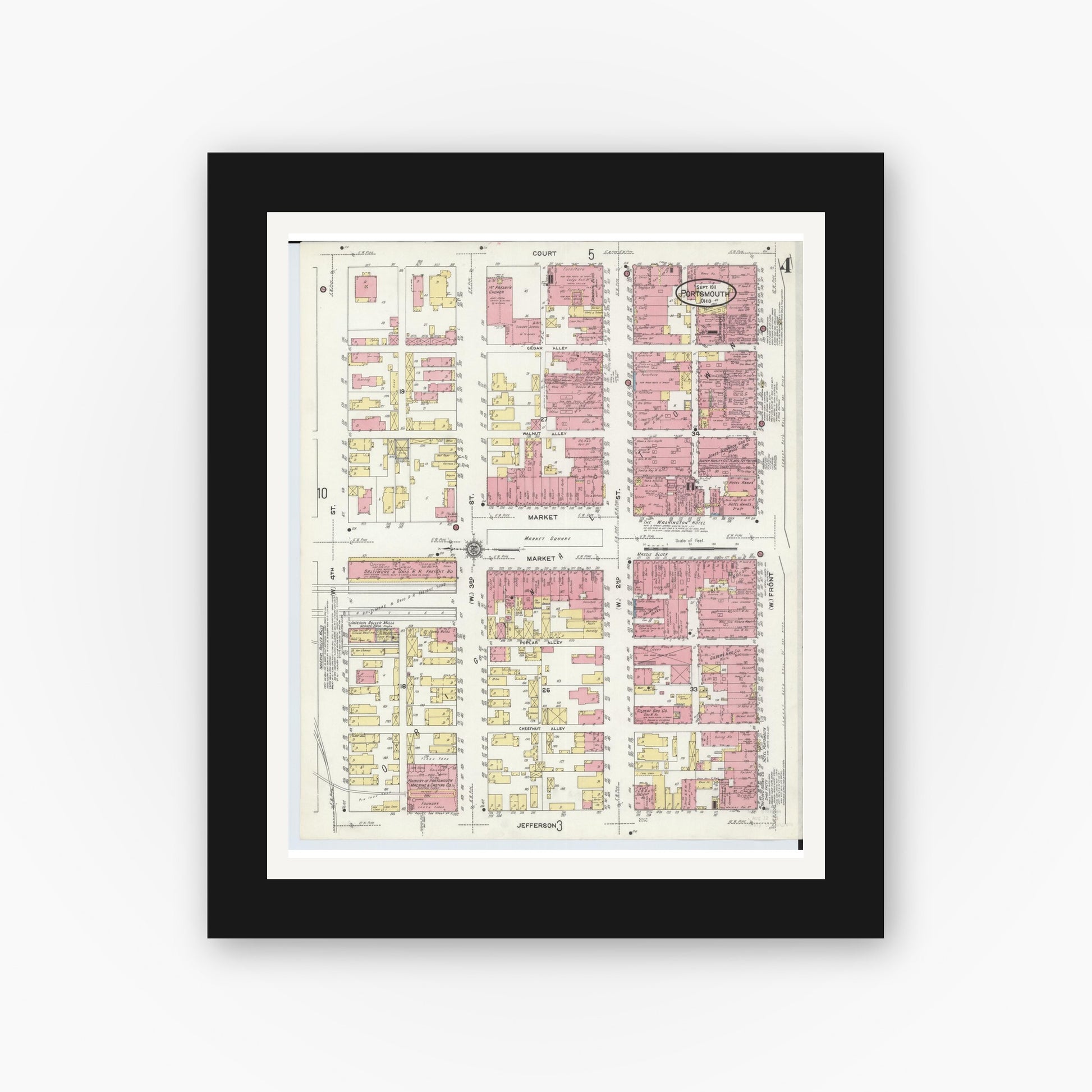 Old map wall art mockup — black gallery frame with white mat — Sanborn Fire Insurance Map from Portsmouth, Scioto County, Ohio (1911), Sheet #0004