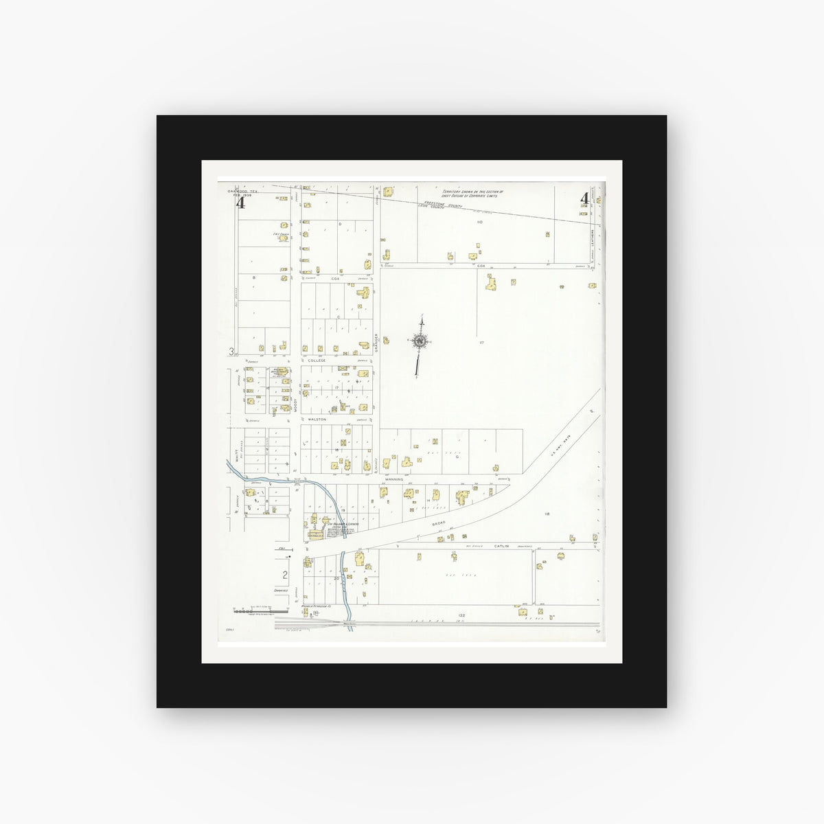Old map wall art mockup — black gallery frame with white mat — Sanborn Fire Insurance Map from Oakwood, Leon County, Texas (1939), Sheet #0004