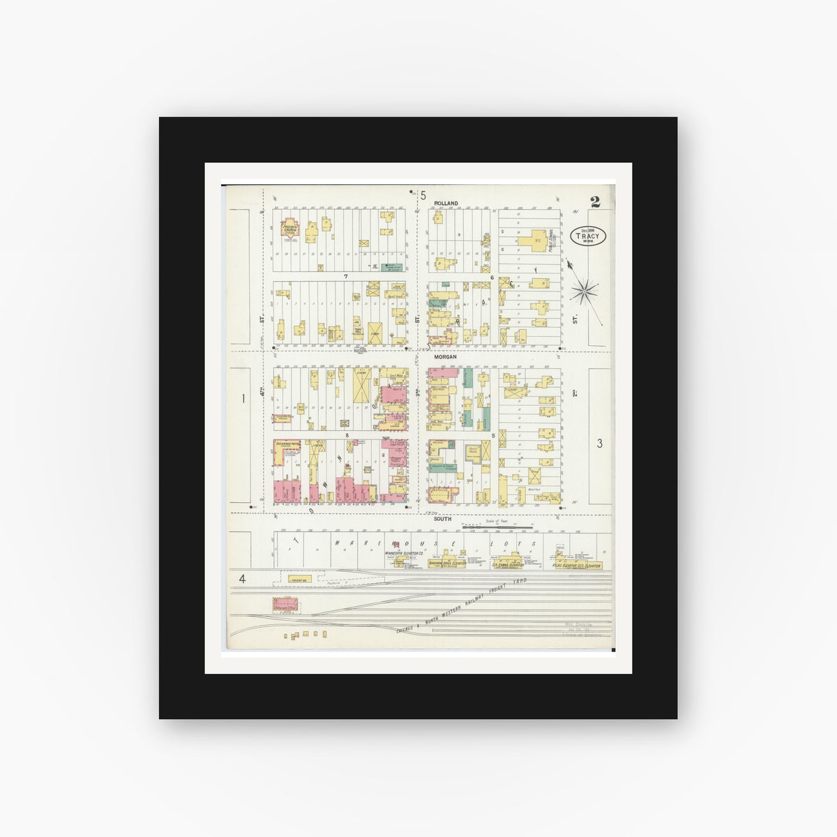 Old map wall art mockup — black gallery frame with white mat — Sanborn Fire Insurance Map from Tracy, Lyon County, Minnesota (1899), Sheet #0002