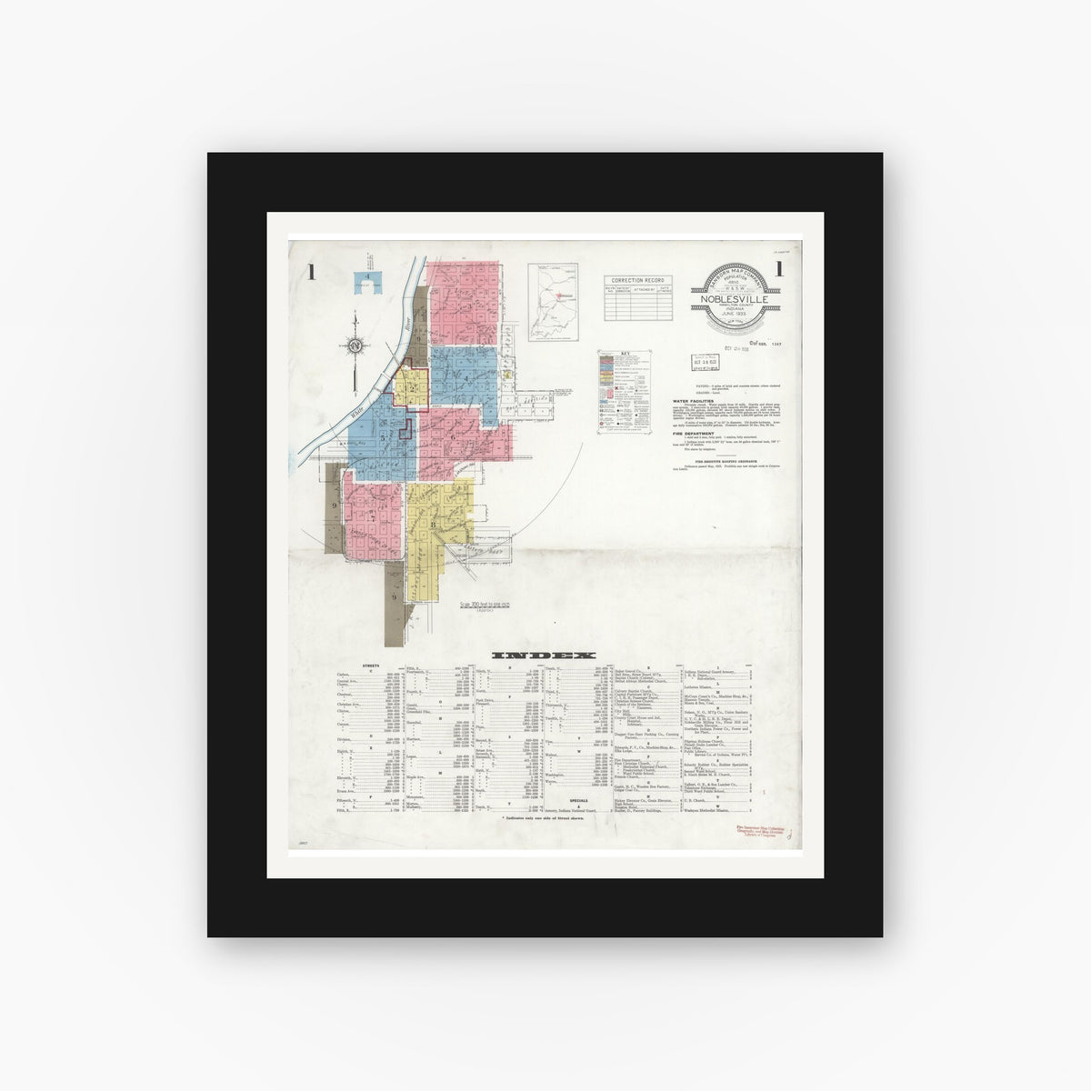 Old map wall art mockup — black gallery frame with white mat — Sanborn Fire Insurance Map from Noblesville, Hamilton County, Indiana (1933) - Complete Map Set