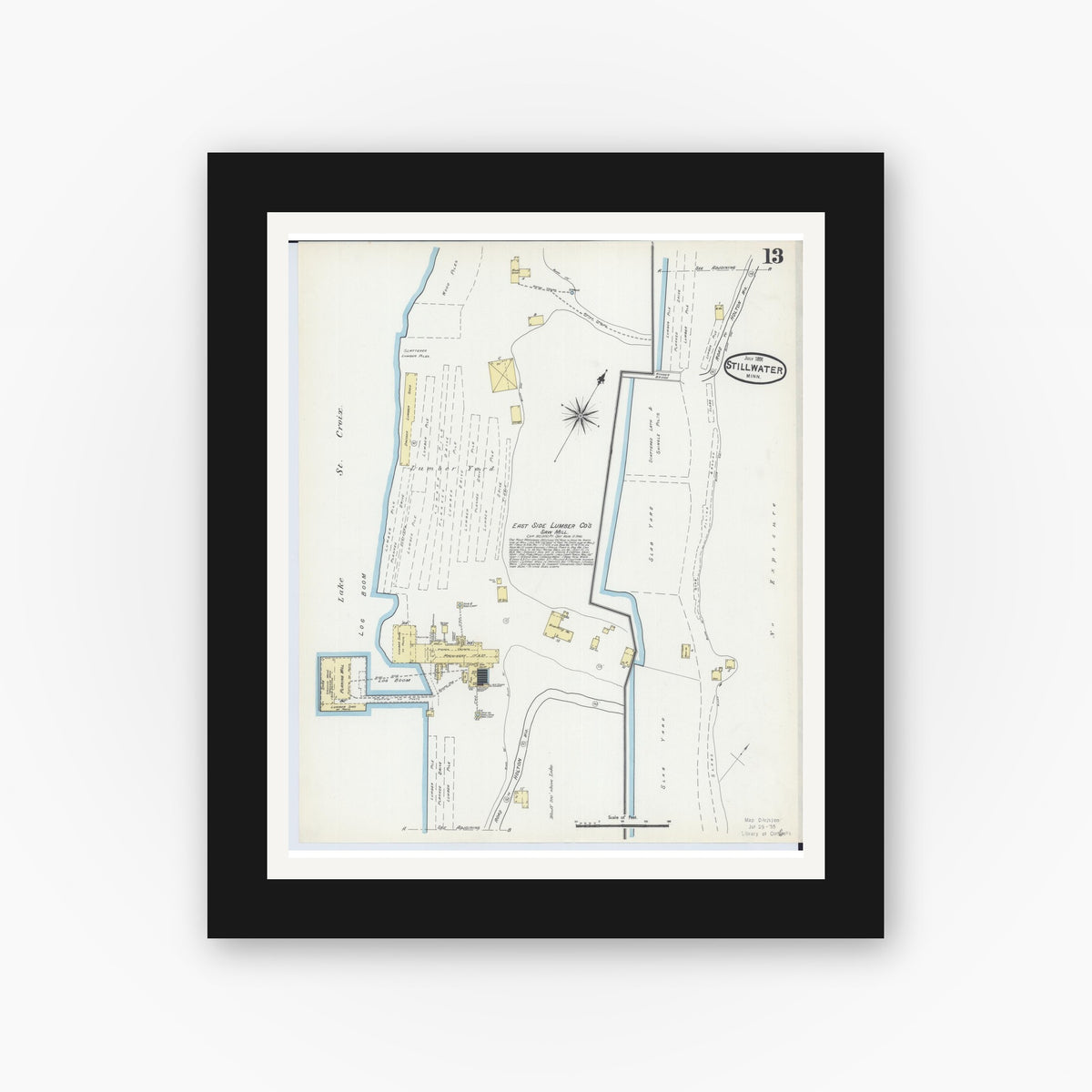Old map wall art mockup — black gallery frame with white mat — Sanborn Fire Insurance Map from Stillwater, Washington County, Minnesota (1891), Sheet #0013