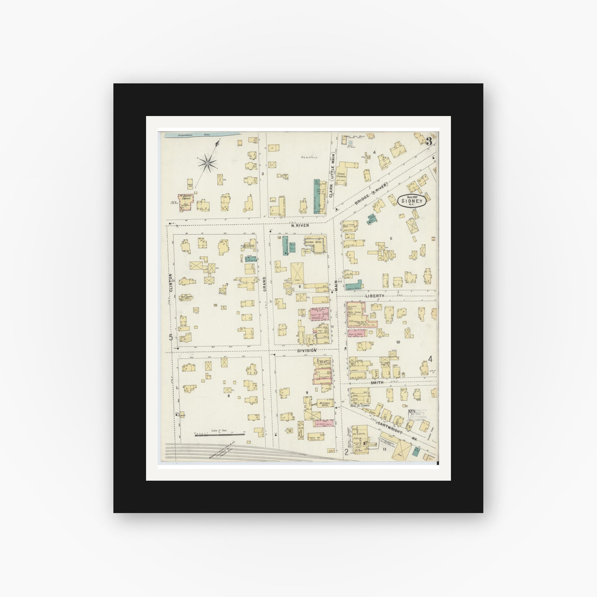 Old map wall art mockup — black gallery frame with white mat — Sanborn Fire Insurance Map from Sidney, Delaware County, New York (1897), Sheet #0003