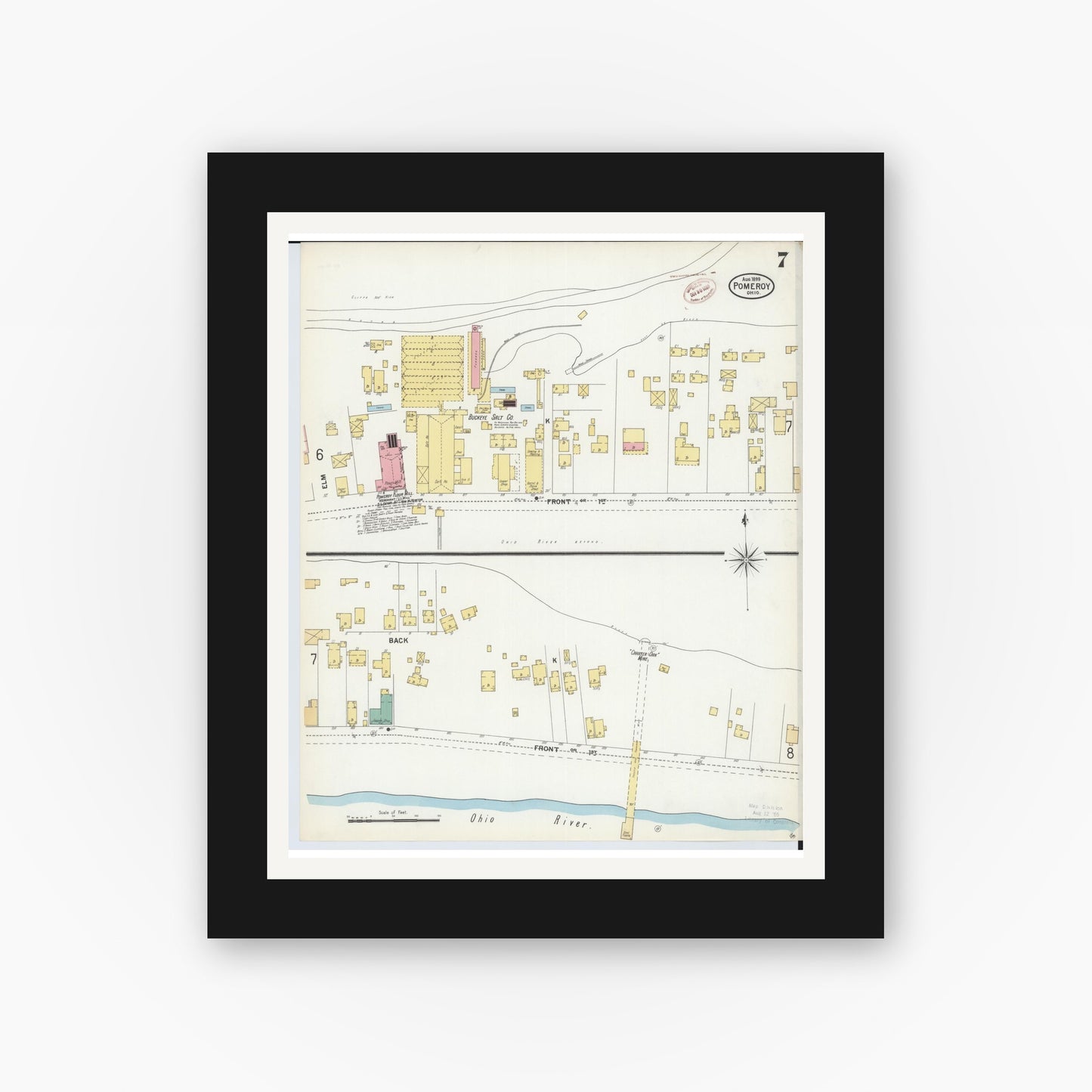 Old map wall art mockup — black gallery frame with white mat — Sanborn Fire Insurance Map from Pomeroy, Meigs County, Ohio (1899), Sheet #0007