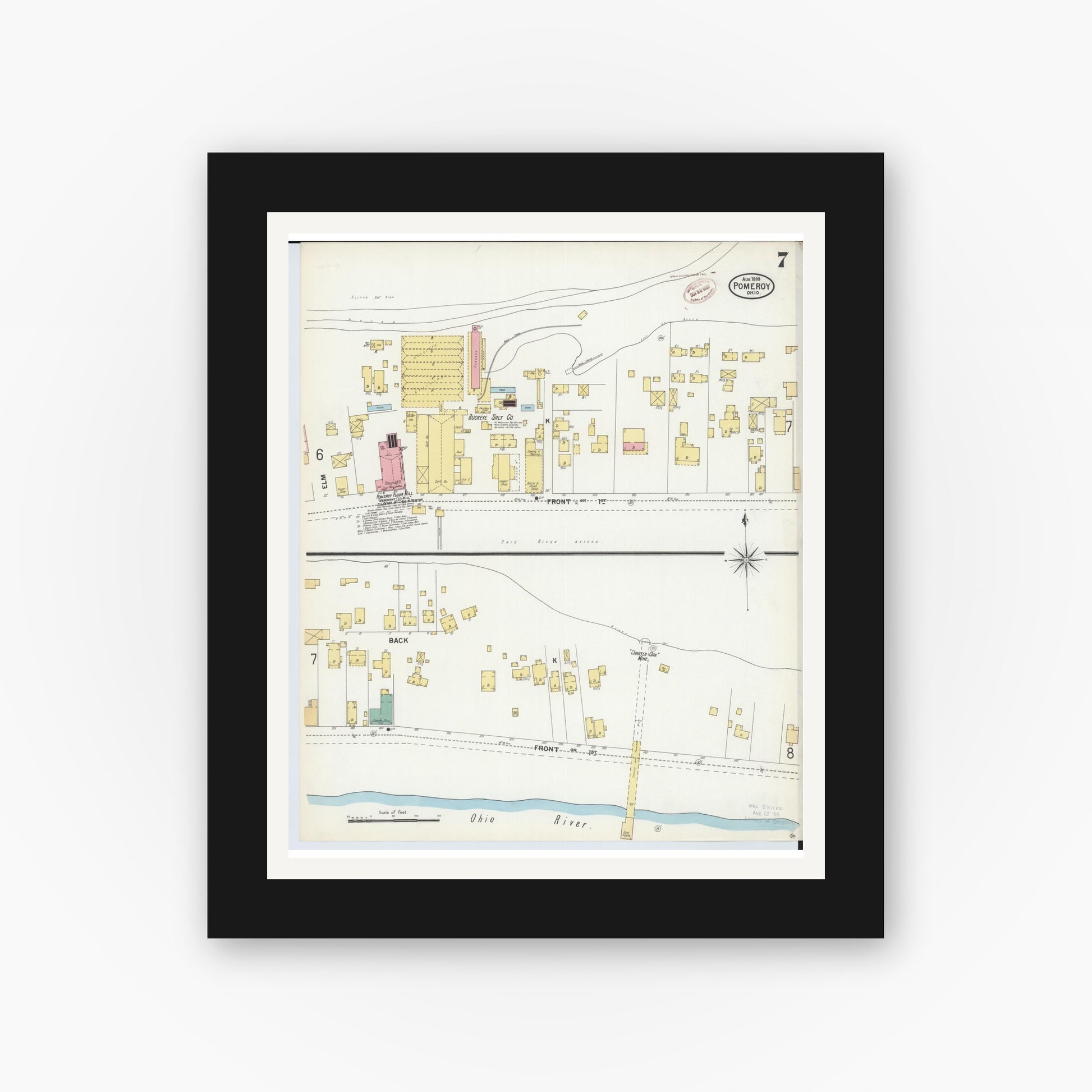 Old map wall art mockup — black gallery frame with white mat — Sanborn Fire Insurance Map from Pomeroy, Meigs County, Ohio (1899), Sheet #0007