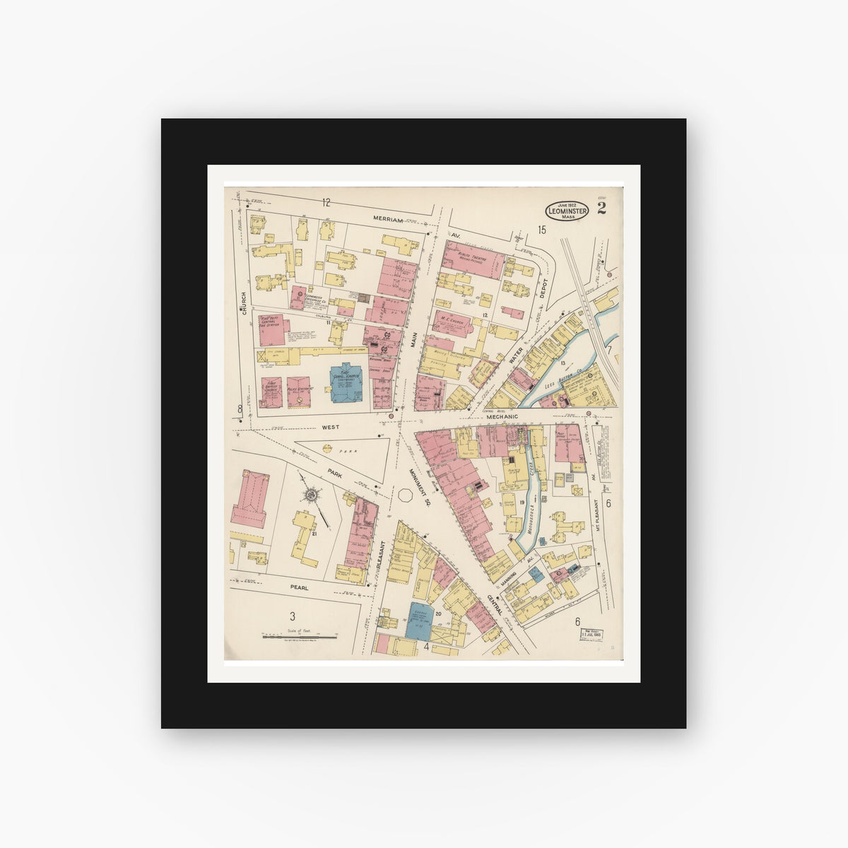 Old map wall art mockup — black gallery frame with white mat — Sanborn Fire Insurance Map from Leominster, Worcester County, Massachusetts (1922), Sheet #0002