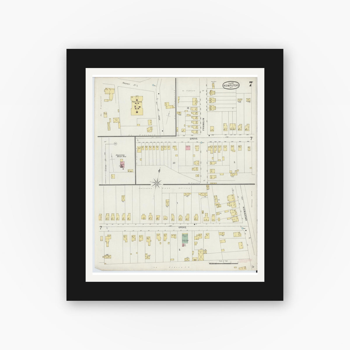 Old map wall art mockup — black gallery frame with white mat — Sanborn Fire Insurance Map from Hempstead, Nassau County, New York (1897), Sheet #0007