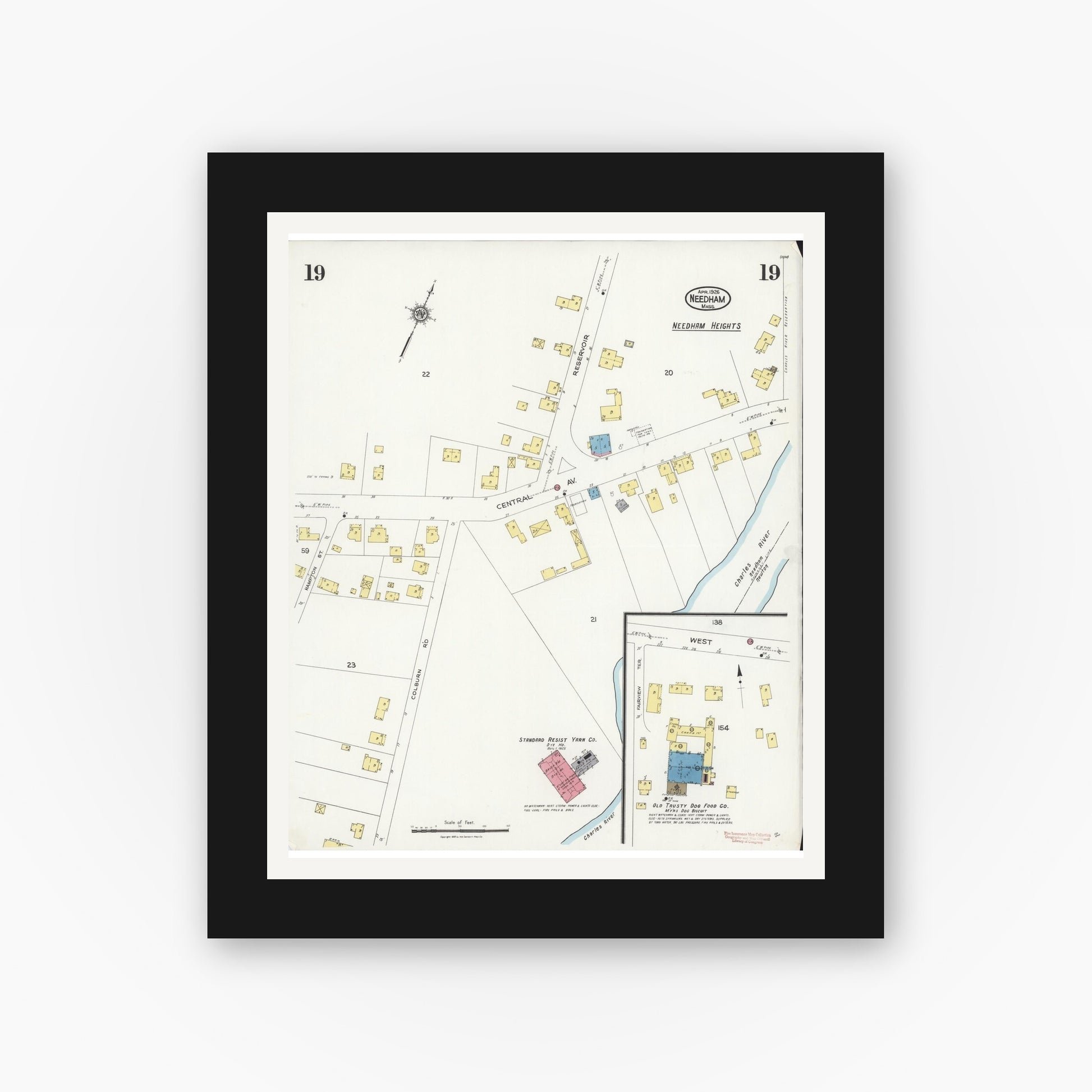 Old map wall art mockup — black gallery frame with white mat — Sanborn Fire Insurance Map from Needham, Norfolk County, Massachusetts (1926), Sheet #0019