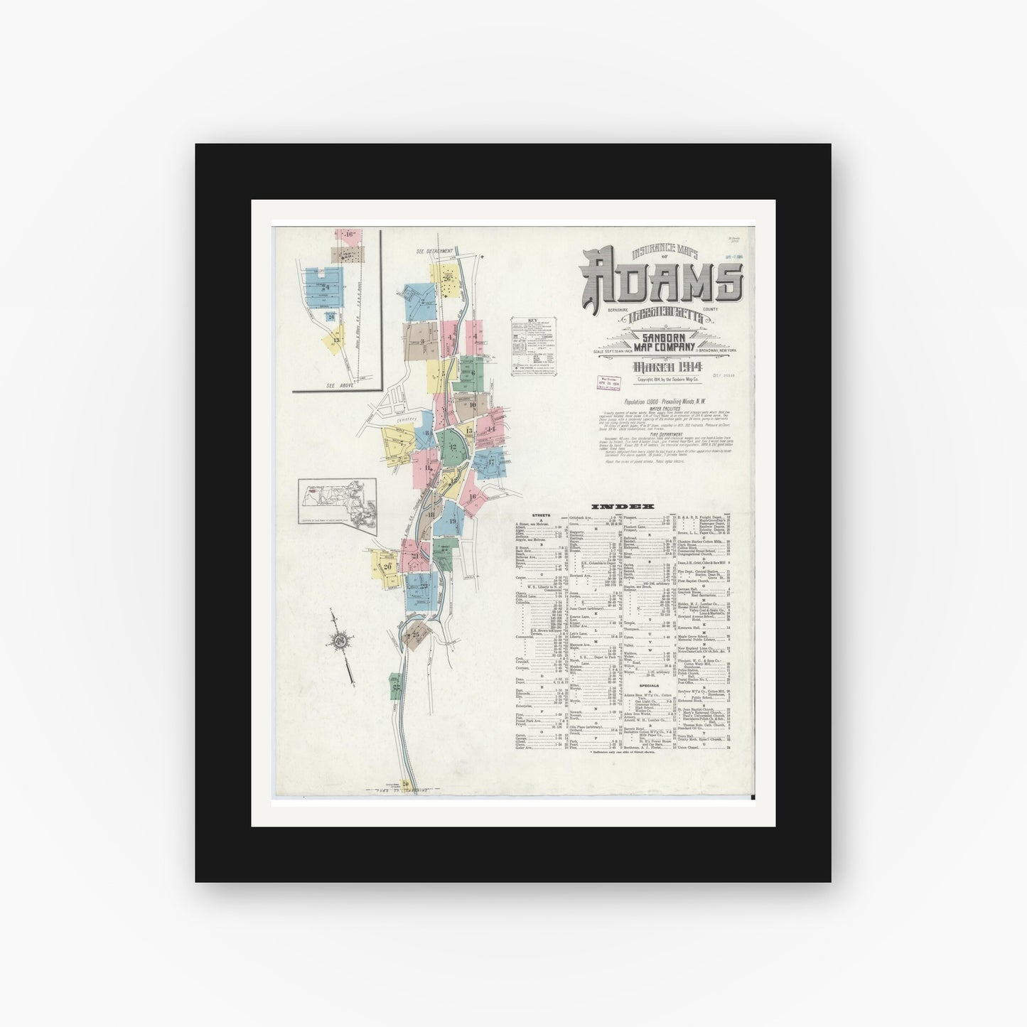 Old map wall art mockup — black gallery frame with white mat — Sanborn Fire Insurance Map from Adams, Berkshire County, Massachusetts (1914), Sheet #0001