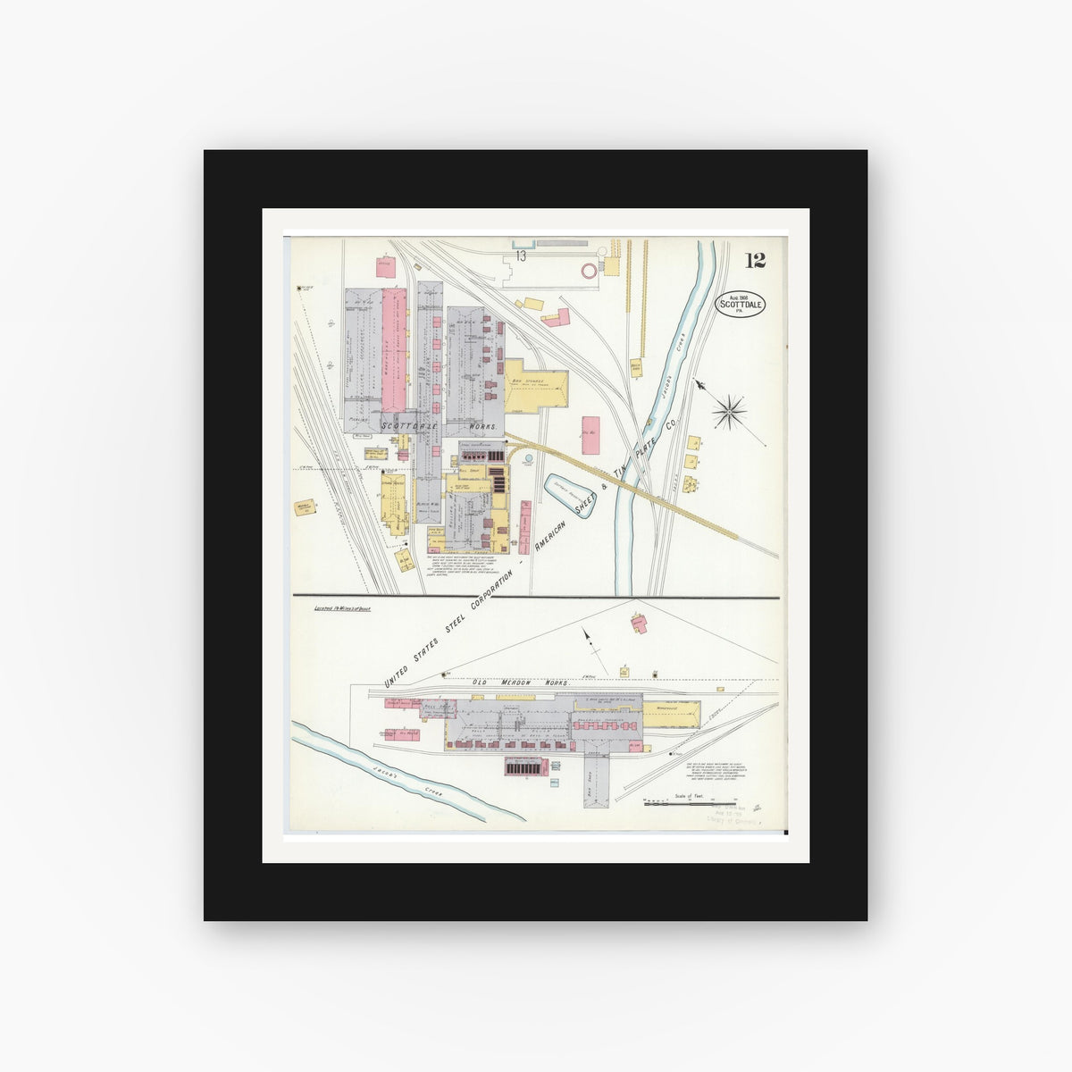 Old map wall art mockup — black gallery frame with white mat — Sanborn Fire Insurance Map from Scottdale, Westmoreland County, Pennsylvania (1908), Sheet #0012