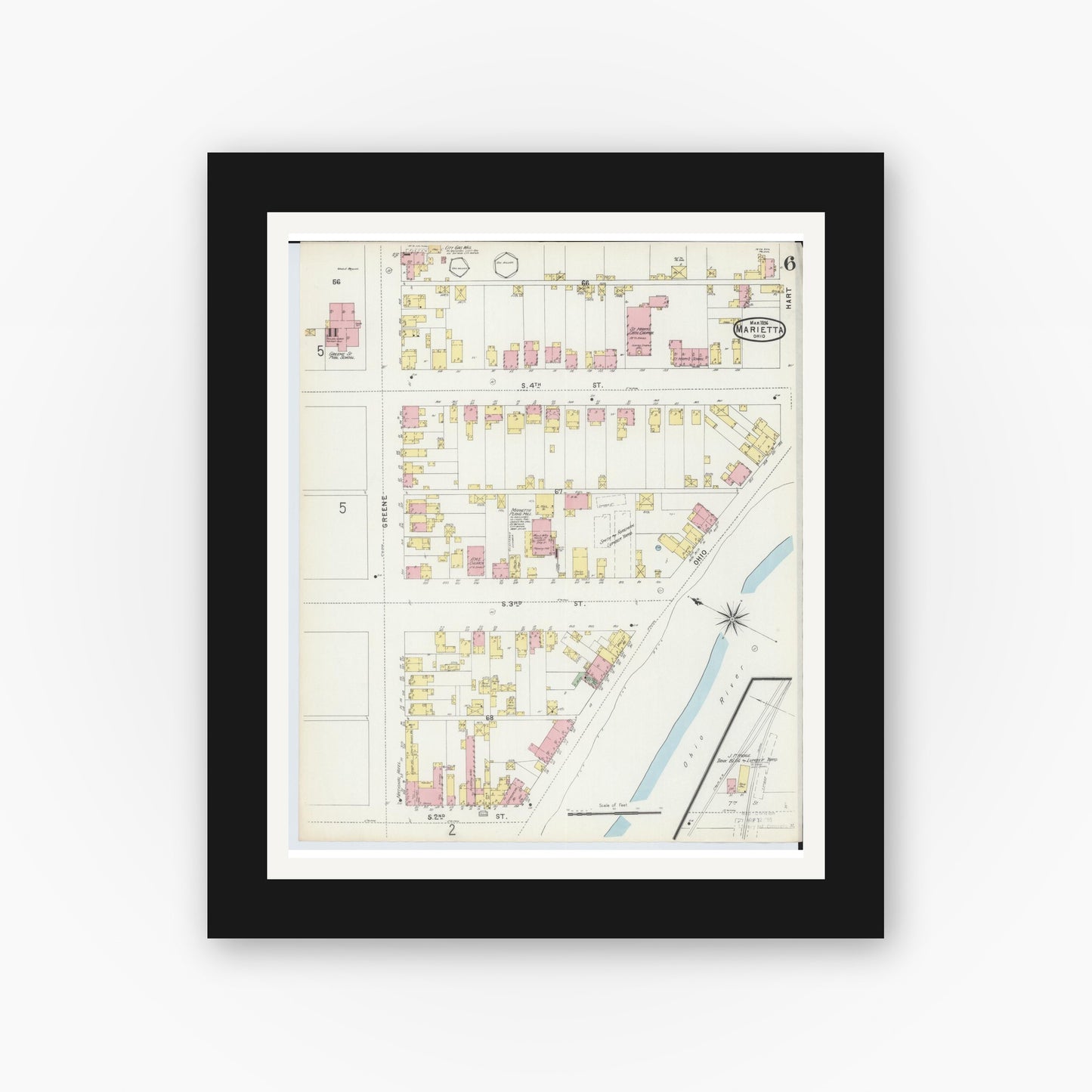 Old map wall art mockup — black gallery frame with white mat — Sanborn Fire Insurance Map from Marietta, Washington County, Ohio (1896), Sheet #0006