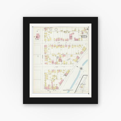 Old map wall art mockup — black gallery frame with white mat — Sanborn Fire Insurance Map from Marietta, Washington County, Ohio (1896), Sheet #0006