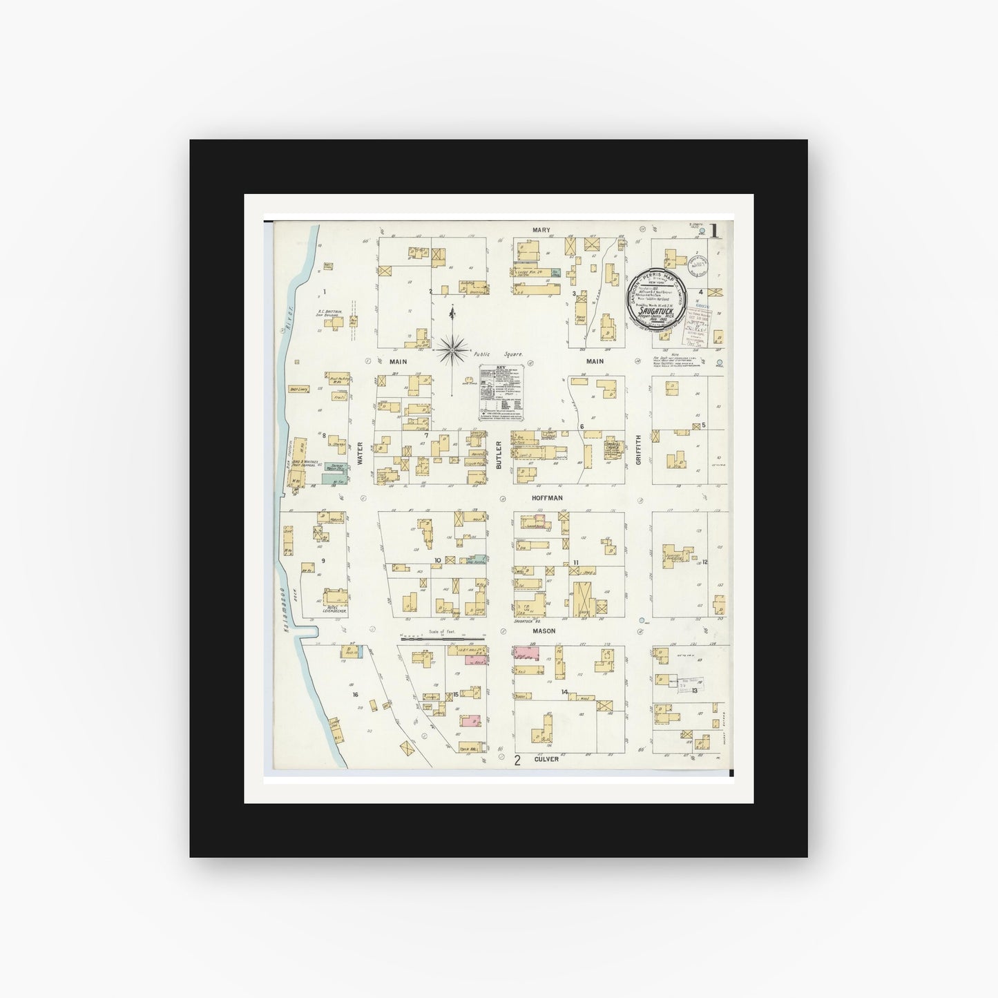 Old map wall art mockup — black gallery frame with white mat — Sanborn Fire Insurance Map from Saugatuck, Allegan County, Michigan (1900) - Complete Map Set