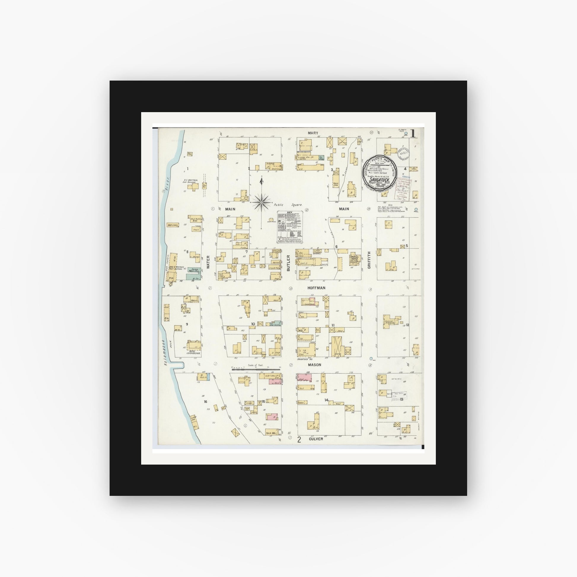 Old map wall art mockup — black gallery frame with white mat — Sanborn Fire Insurance Map from Saugatuck, Allegan County, Michigan (1900) - Complete Map Set