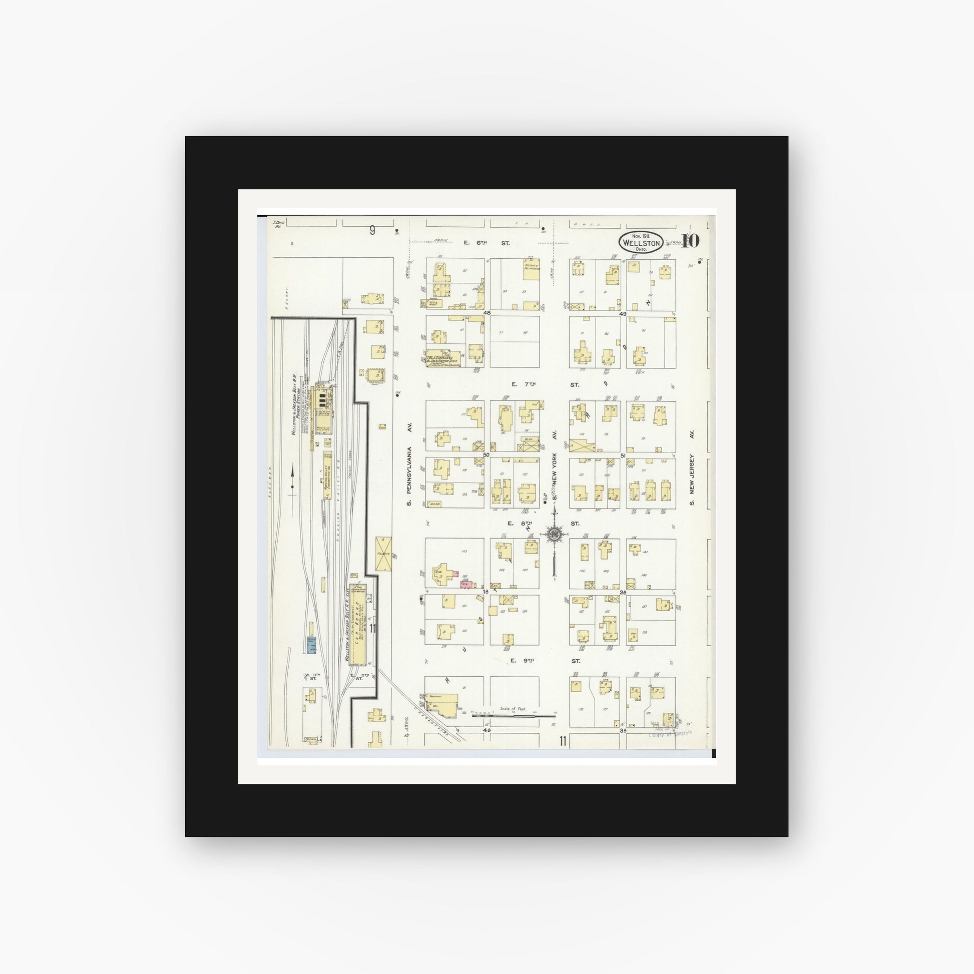 Old map wall art mockup — black gallery frame with white mat — Sanborn Fire Insurance Map from Wellston, Jackson County, Ohio (1911), Sheet #0010