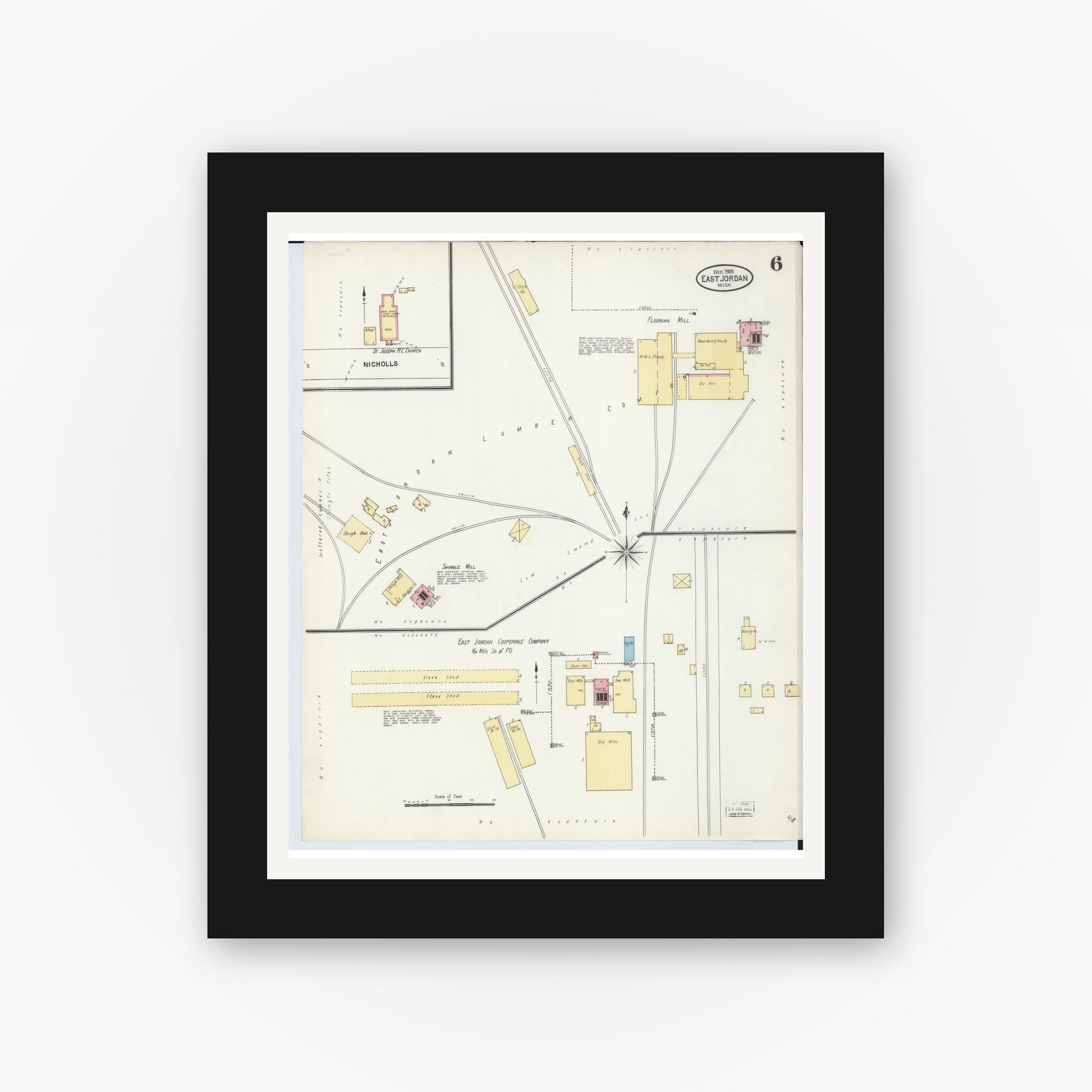 Old map wall art mockup — black gallery frame with white mat — Sanborn Fire Insurance Map from East Jordan, Charlevoix County, Michigan (1905), Sheet #0006