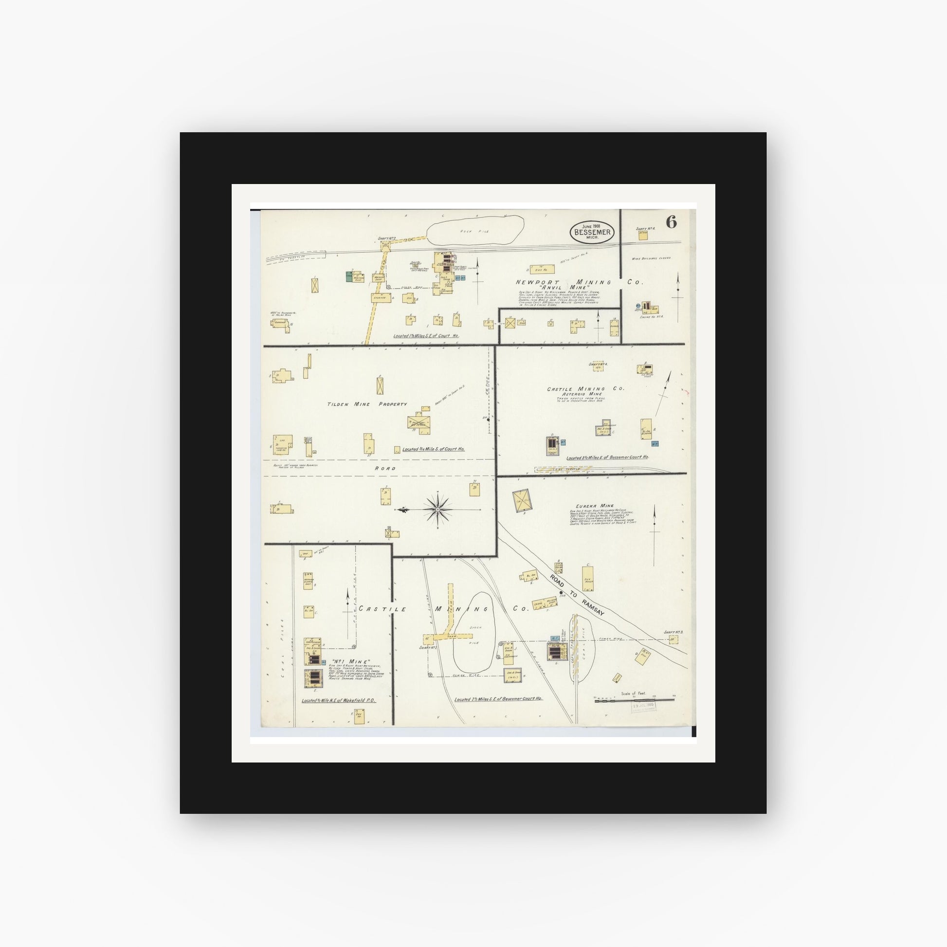 Old map wall art mockup — black gallery frame with white mat — Sanborn Fire Insurance Map from Bessemer, Gogebic County, Michigan (1908), Sheet #0006