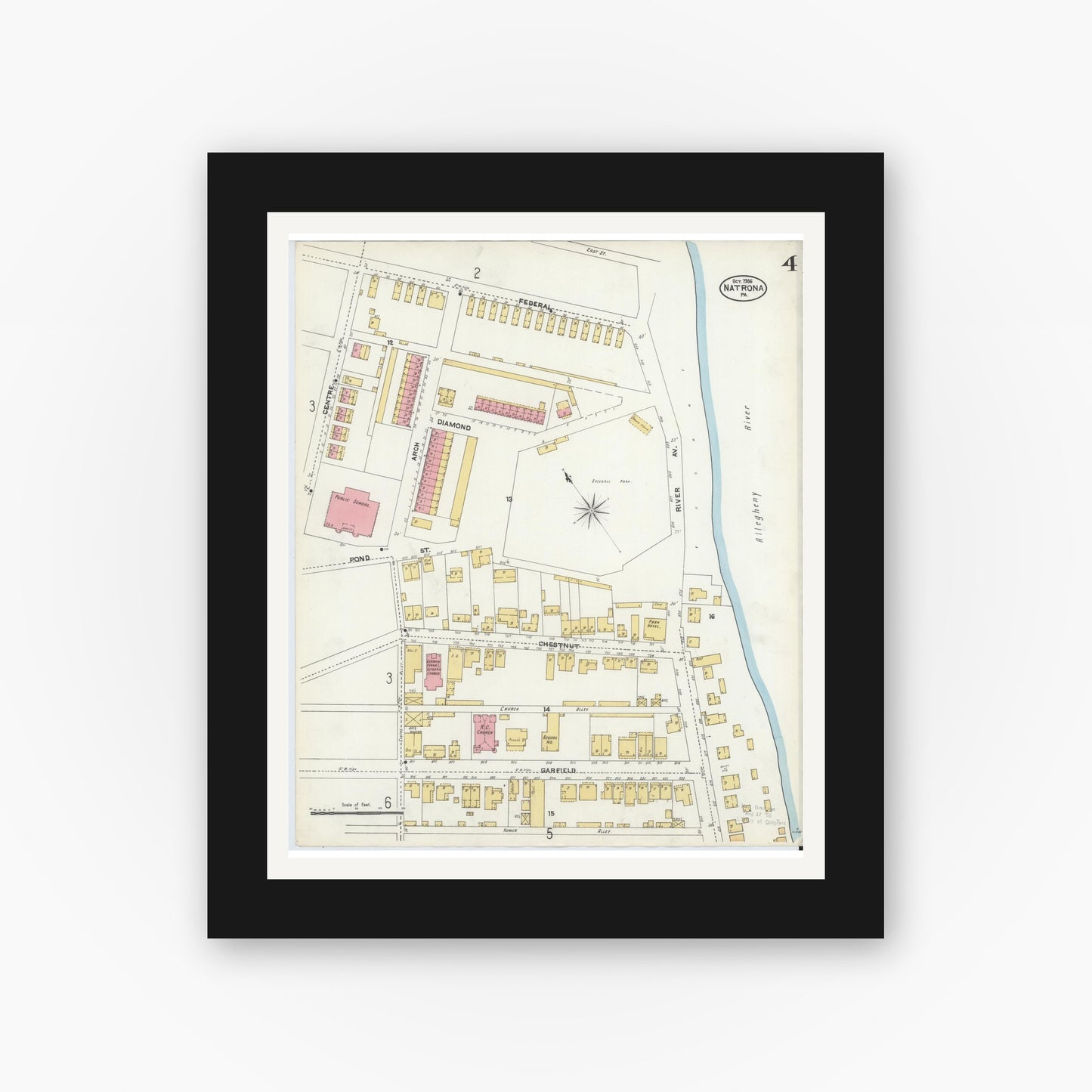 Old map wall art mockup — black gallery frame with white mat — Sanborn Fire Insurance Map from Natrona, Allegheny County, Pennsylvania (1906), Sheet #0004