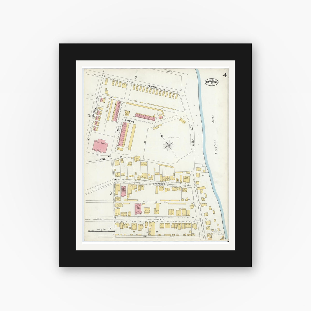 Old map wall art mockup — black gallery frame with white mat — Sanborn Fire Insurance Map from Natrona, Allegheny County, Pennsylvania (1906), Sheet #0004