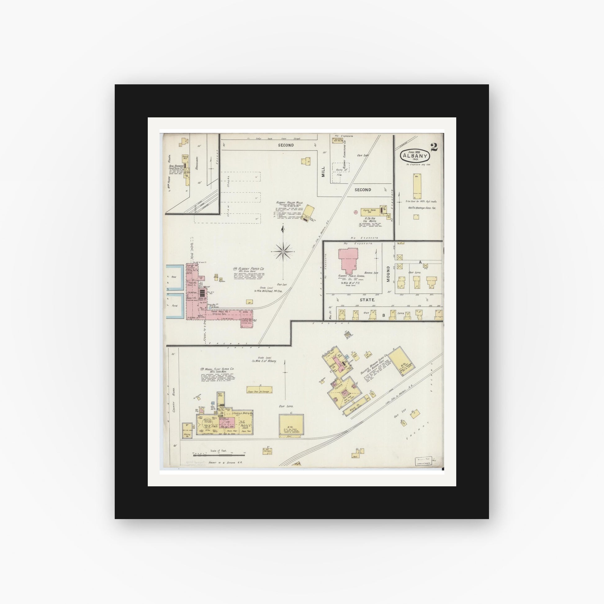 Old map wall art mockup — black gallery frame with white mat — Sanborn Fire Insurance Map from Albany, Delaware County, Indiana (1895), Sheet #0002