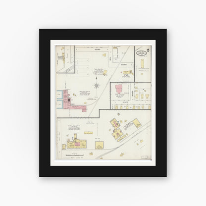 Old map wall art mockup — black gallery frame with white mat — Sanborn Fire Insurance Map from Albany, Delaware County, Indiana (1895), Sheet #0002