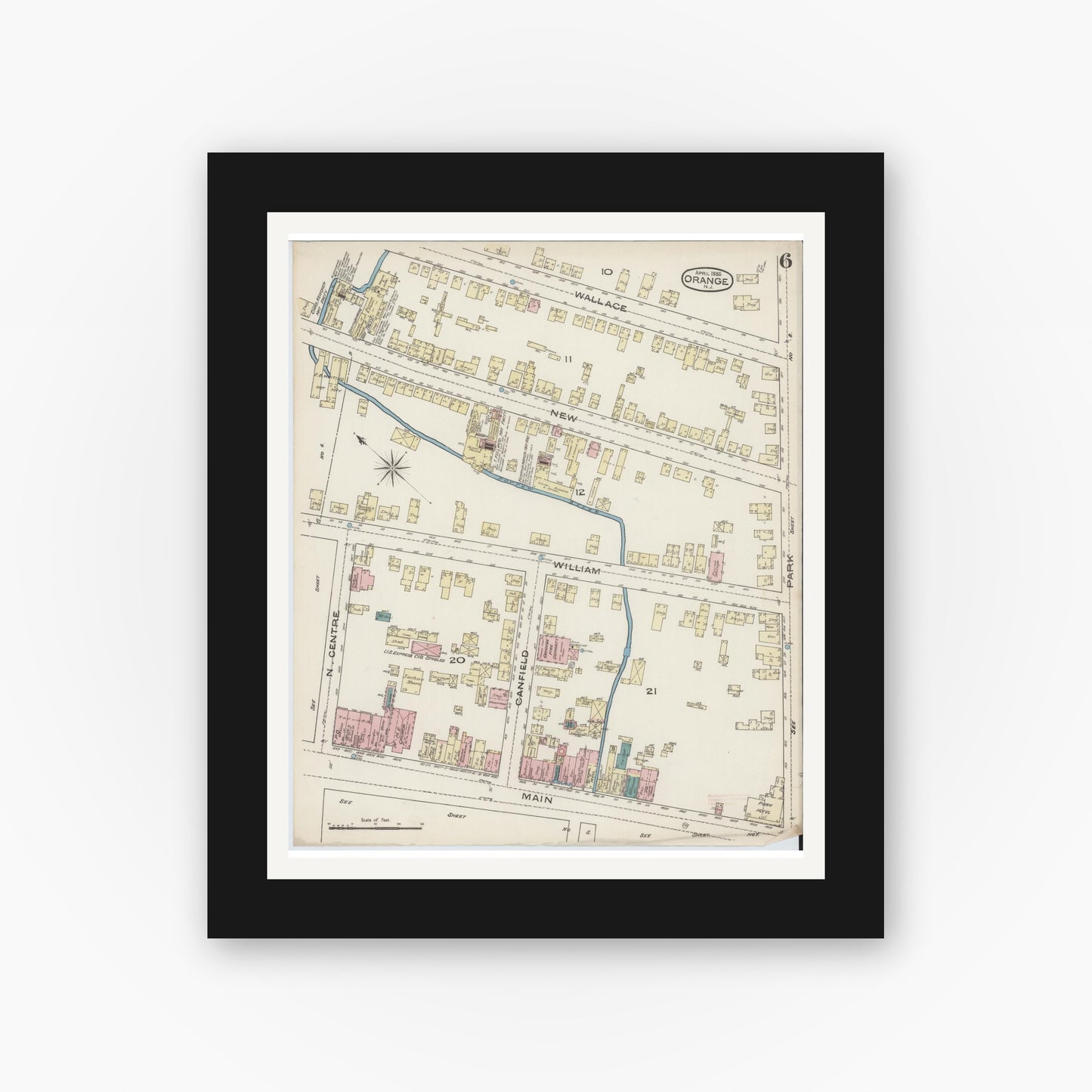 Old map wall art mockup — black gallery frame with white mat — Sanborn Fire Insurance Map from Orange, Essex County, New Jersey (1885), Sheet #0006