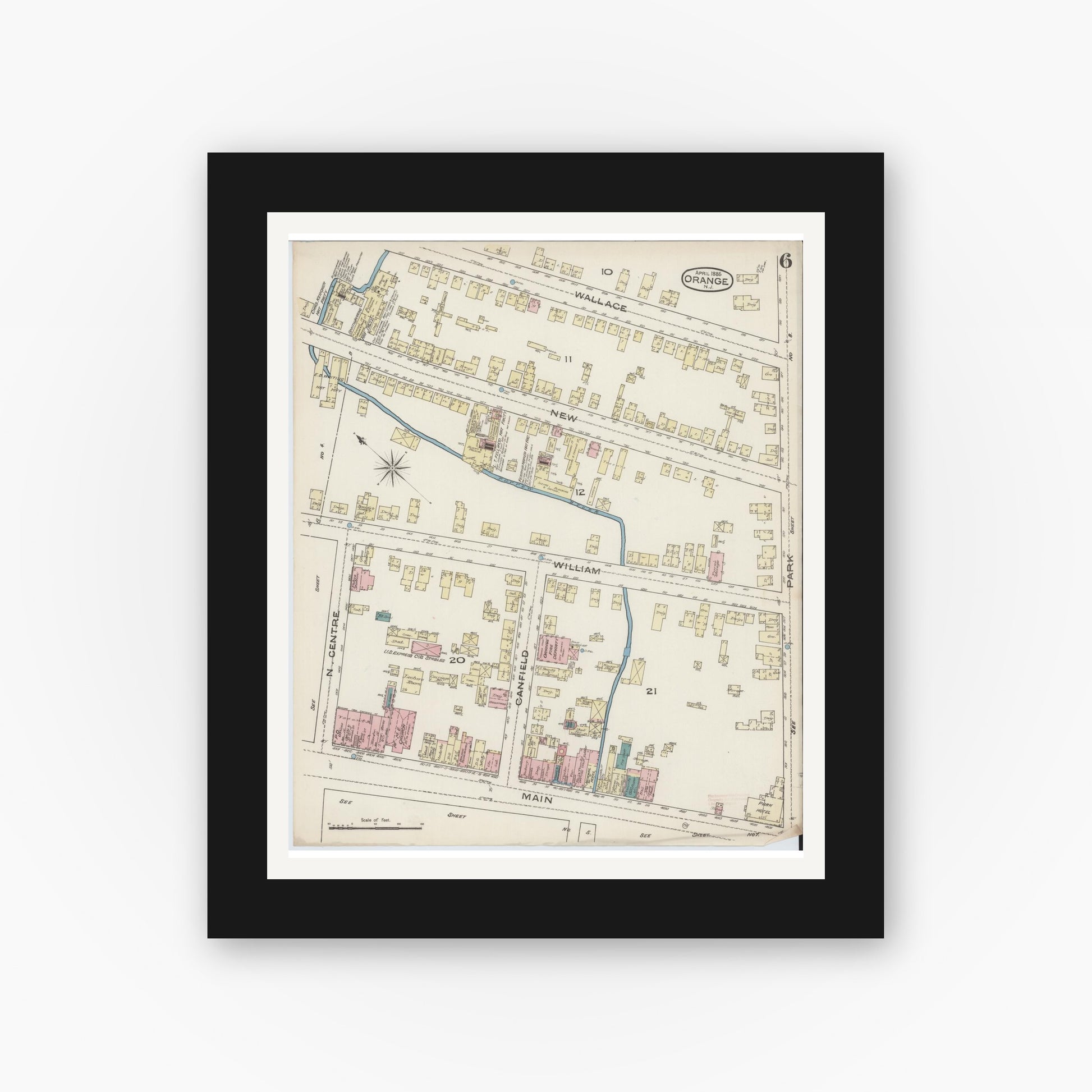 Old map wall art mockup — black gallery frame with white mat — Sanborn Fire Insurance Map from Orange, Essex County, New Jersey (1885), Sheet #0006