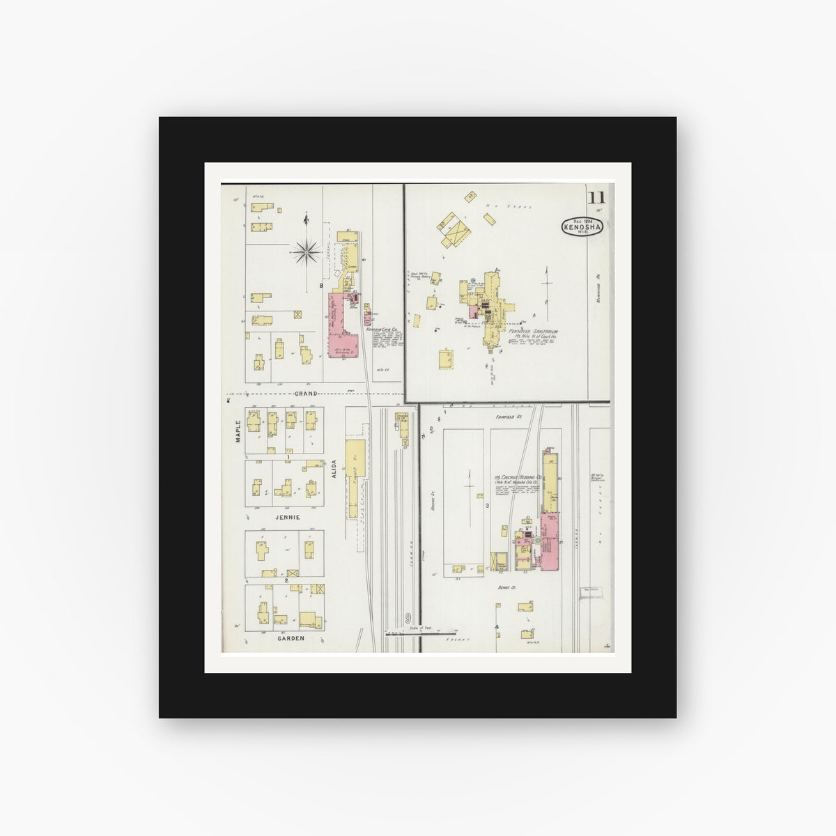 Old map wall art mockup — black gallery frame with white mat — Sanborn Fire Insurance Map from Kenosha, Kenosha County, Wisconsin (1894), Sheet #0011