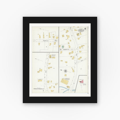 Old map wall art mockup — black gallery frame with white mat — Sanborn Fire Insurance Map from Merrimac, Essex County, Massachusetts (1907), Sheet #0008